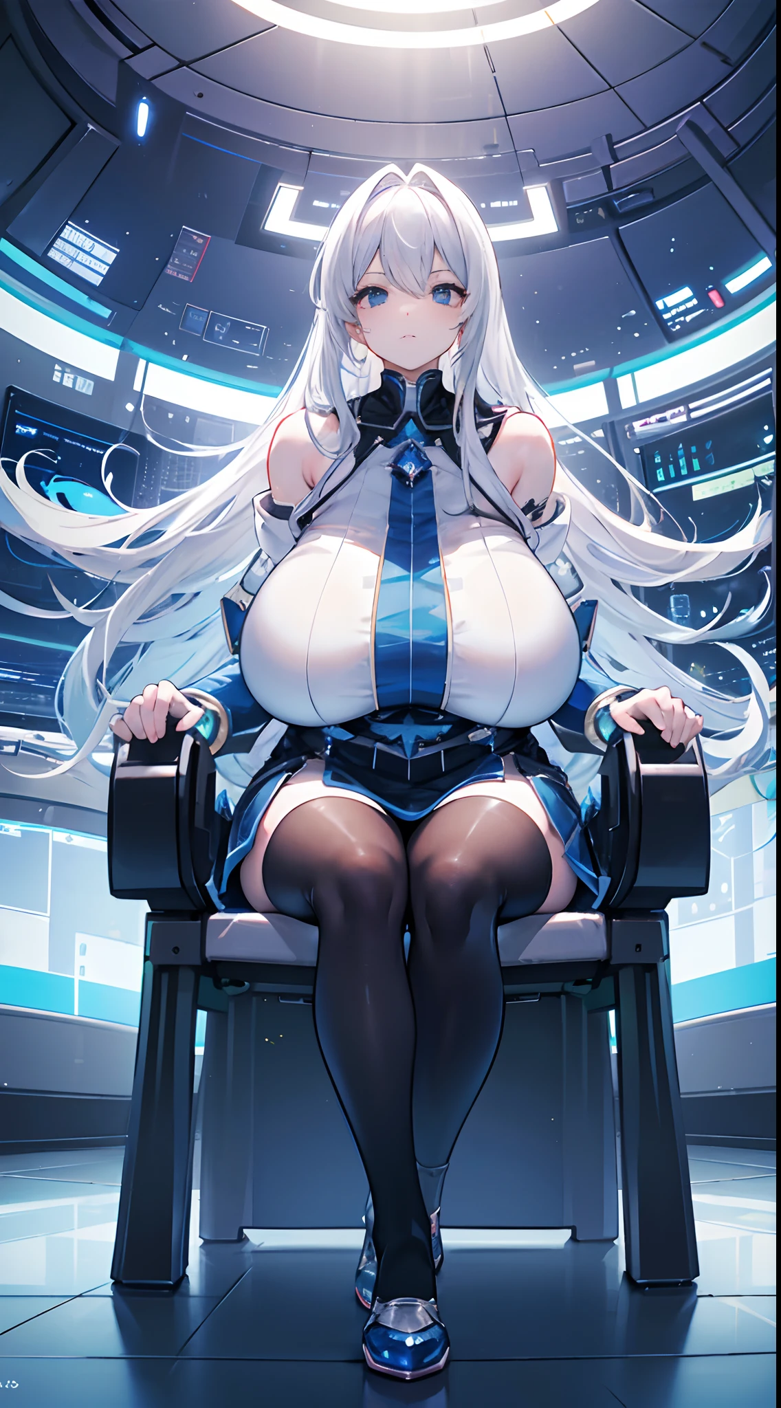 （Crystal breasts:1.4）, solo person, Solo,(gigantic breasts:1.3)，European knights，white hair，Full body like，Sit on the test bench，dim murky lights，Inside the laboratory， technological background,