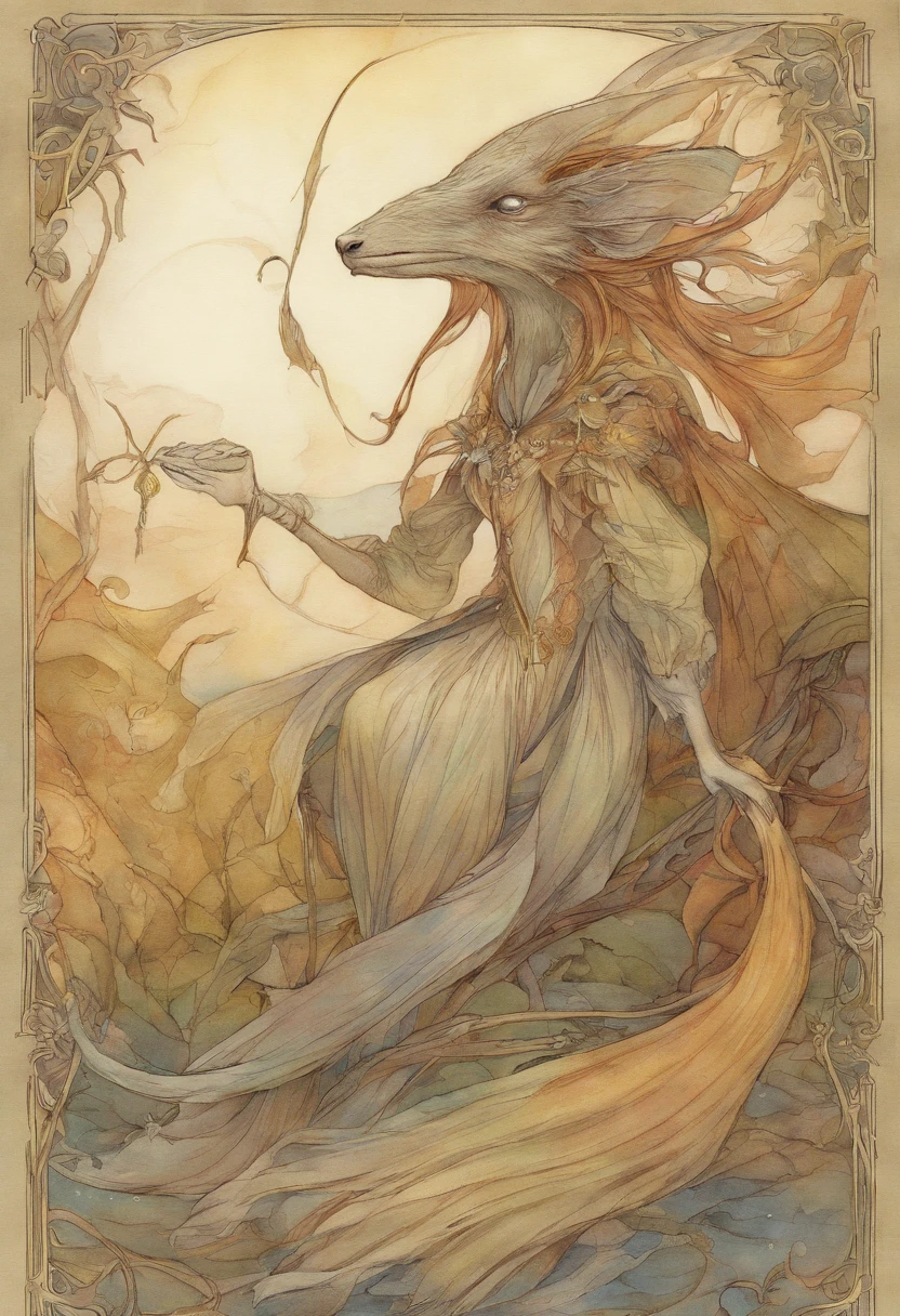 a drawing of a creature with a long nose and a long tail, concept art inspired by Brian Froud, tumblr, art nouveau, brian froud style, brian froud juan gimenez, style of jean baptiste monge, monge jean-baptiste monge, jean - baptiste monge, jean baptiste monge, tony diterlizzi and brian froud