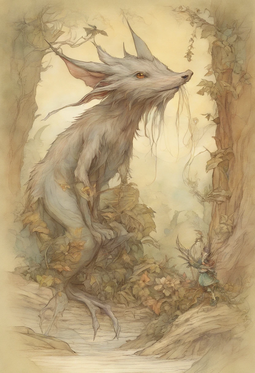 a drawing of a creature with a long nose and a long tail, concept art inspired by Brian Froud, tumblr, art nouveau, brian froud style, brian froud juan gimenez, style of jean baptiste monge, monge jean-baptiste monge, jean - baptiste monge, jean baptiste monge, tony diterlizzi and brian froud