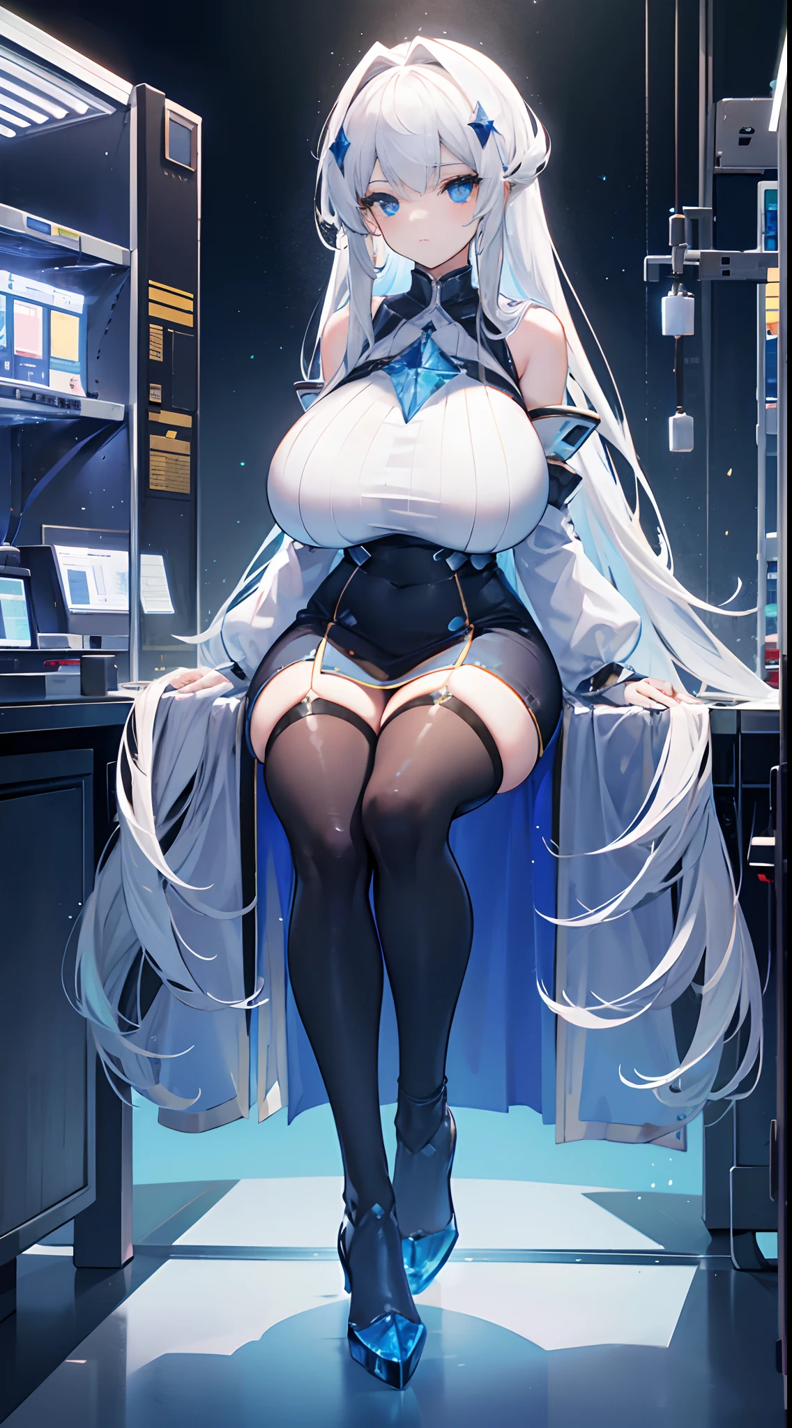 （Crystal breasts:1.4）, solo person, Solo,(gigantic breasts:1.3)，European knights，white hair，Full body like，Sit on the test bench，dim murky lights，Inside the laboratory， technological background,