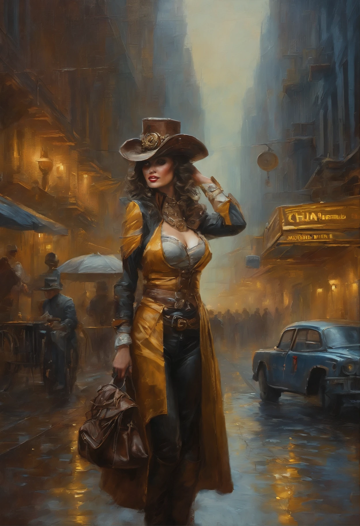 Oil painting of a (steampunk/cyberpunk girl) in street, (close up cowboy shot), messy shapeless hair, ((futuristic (bronze colored) steampunk hypercar parked behind her), (chiaroscuro effect), (Steampunk Cyberpunk Cityscape)、(midnight、cyberpunk, asphalt、graffiti art、Reflectors、Shops、kiosk、Walkway、a street、police officers、taxis)、(Skyscraper、Foggy:1.4)、 ((pedestrians、Large crowds on street))、 ((neon signs、Blue Neon、Pink neon、Yellow neon:1.4)), rain puddles on street reflecting lights.