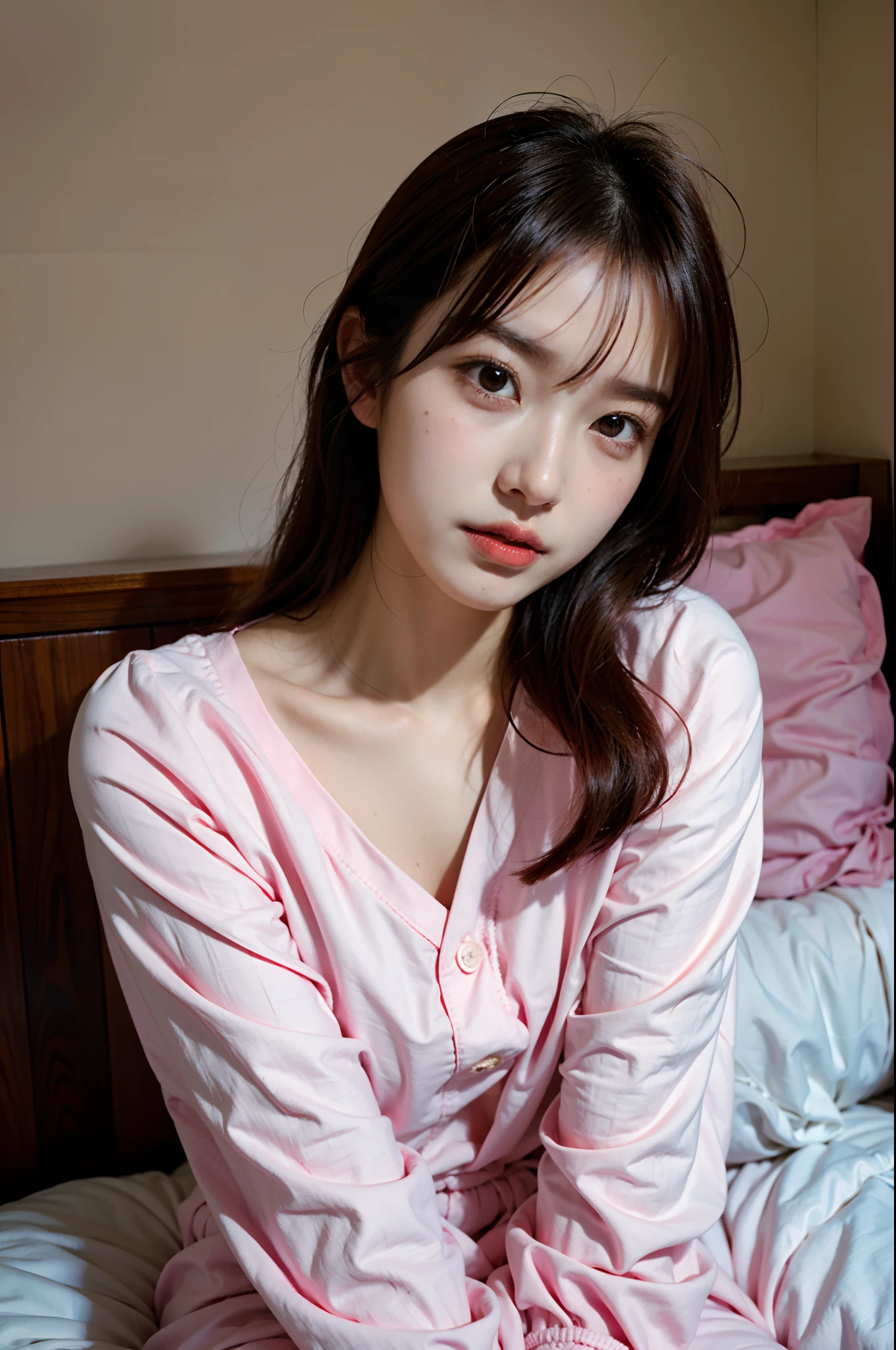 there is a woman sitting on a bed with a pink shirt, a picture inspired by Kim Jeong-hui, tumblr, realism, young and cute girl, korean girl, gorgeous young korean woman, beautiful south korean woman, sitting on the bed, beautiful young korean woman, sitting on a bed, sitting on her bed, a cute young woman, she has a cute face