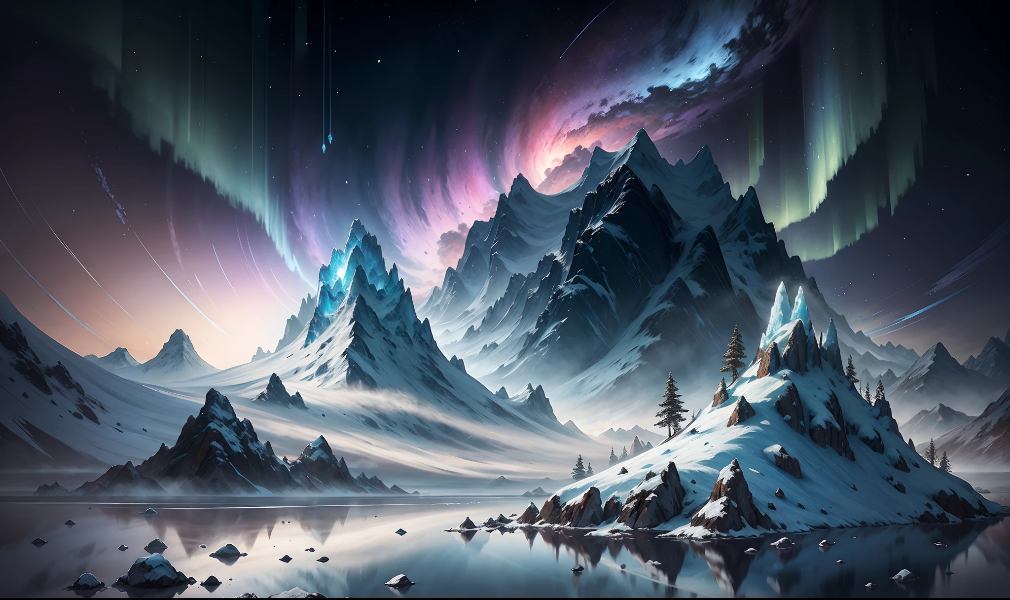 Space Magic Week， Magic concept art highlights，Ancient Chinese landscapes，snow mountains，snowy peak，mountain ranges，Winters，snowflower，Snow and ice cover，Ice Lake，Cold，branches，Bleak，fog atmosphere，blue-sky，baiyun，Rime，Winter sun，north wind，Icicles，snow landscape，holly，Pine，Ice，Frozen soil，Chill，ice - carving，aurora borealis，The sky close to the spiral galaxy, Sunrise, Color explosion, （Very detailed CG unity 8K wallpaper），most beautiful artwork in the world，Professional majestic oil painting，iintricate，high detal，sharp fokus，dramatics，Realistic painting art，Romantic landscape style, canon eos 5d mark iv, Sunny impressionism, sparkling water reflections, high-quality photo, Stock Photo - AR 2:3 --v 5，a digital dreamscape， Magical fantasy 3D concept art， stunning concept art ，Warm pigments，Bright colors，Bright light，Extreme refinement，(tmasterpiece)，super detailing，Epic composition，hyper HD，high qulity，offcial art，32k -- v 6