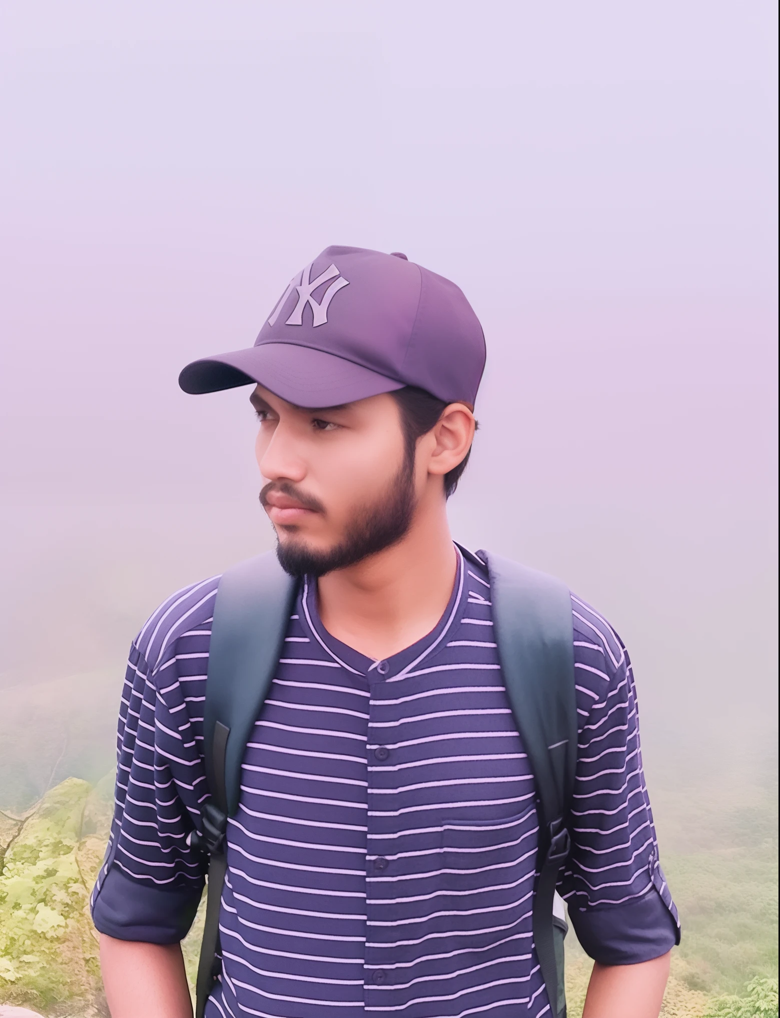 there is a man standing on a mountain with a backpack, amidst nature, in front of a forest background, in mountains, with accurate face, in jungle forest peak, with mountains in the background, with mountains as background, very very low quality picture, without helmet, edited in photoshop, candid picture, jayison devadas, amidst of nature fully covered