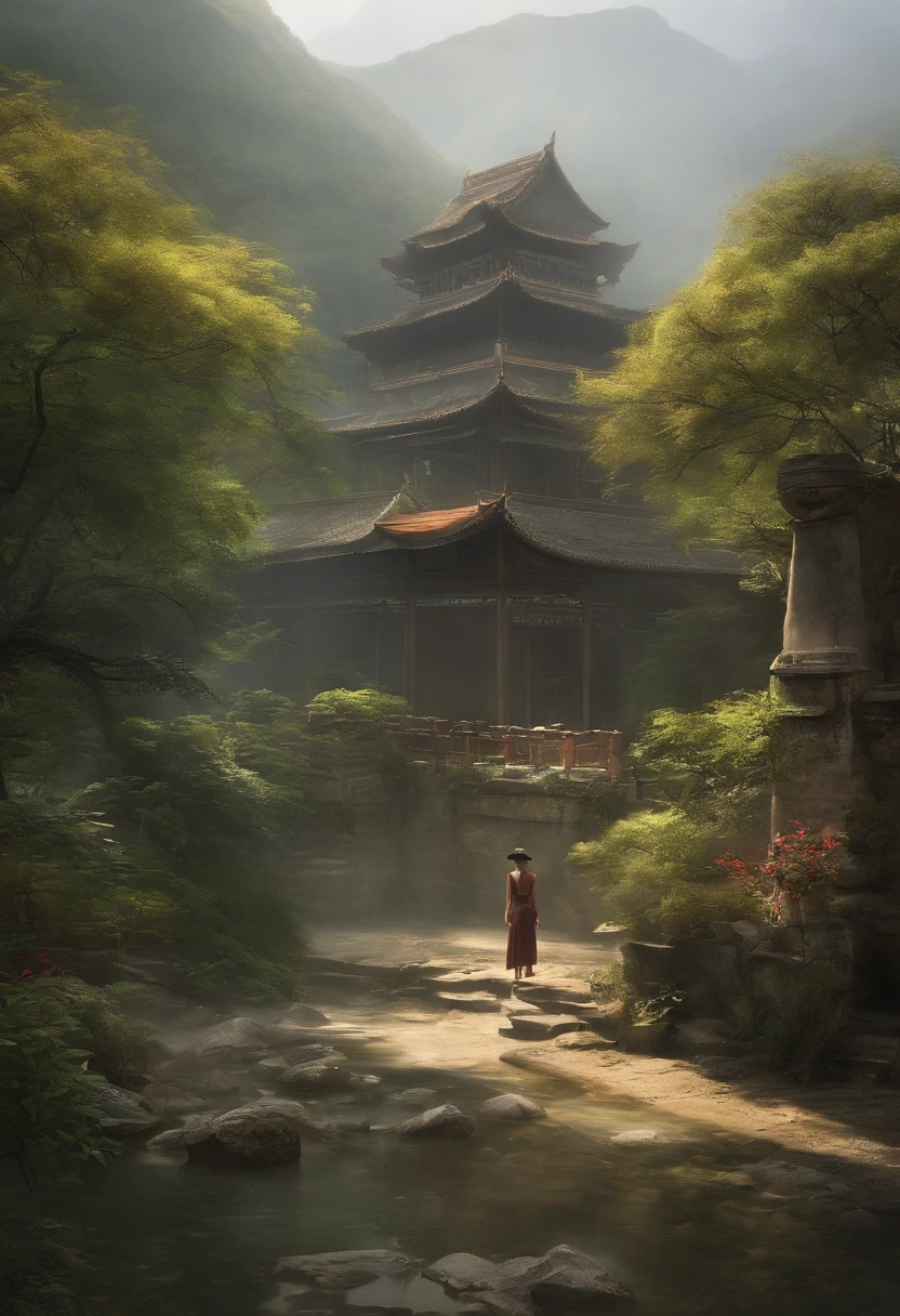 ((top-quality、8K、masterpiece:1.3))、Beautiful Chinese landscape painting, Best Quality, Convoluted, watercolor paiting, Foggy Mountains, Flowing river, rich greenery,ruined buildings,Abandoned buildings、Broken、dilapidated building、Game Center、Buildings overgrown with plants、creepy atmosphera,Japanese style architecture、puddles、Upper house garden、Sexy Standing Pose,portrait of a full body(1:1),a 18 year old girl,Slender and slender figure,skinny,As thin as a whip post,Smaller bust,Red shoes,Random nudity of the whole body,exhibitionists,face to the viewer、Left and right even face