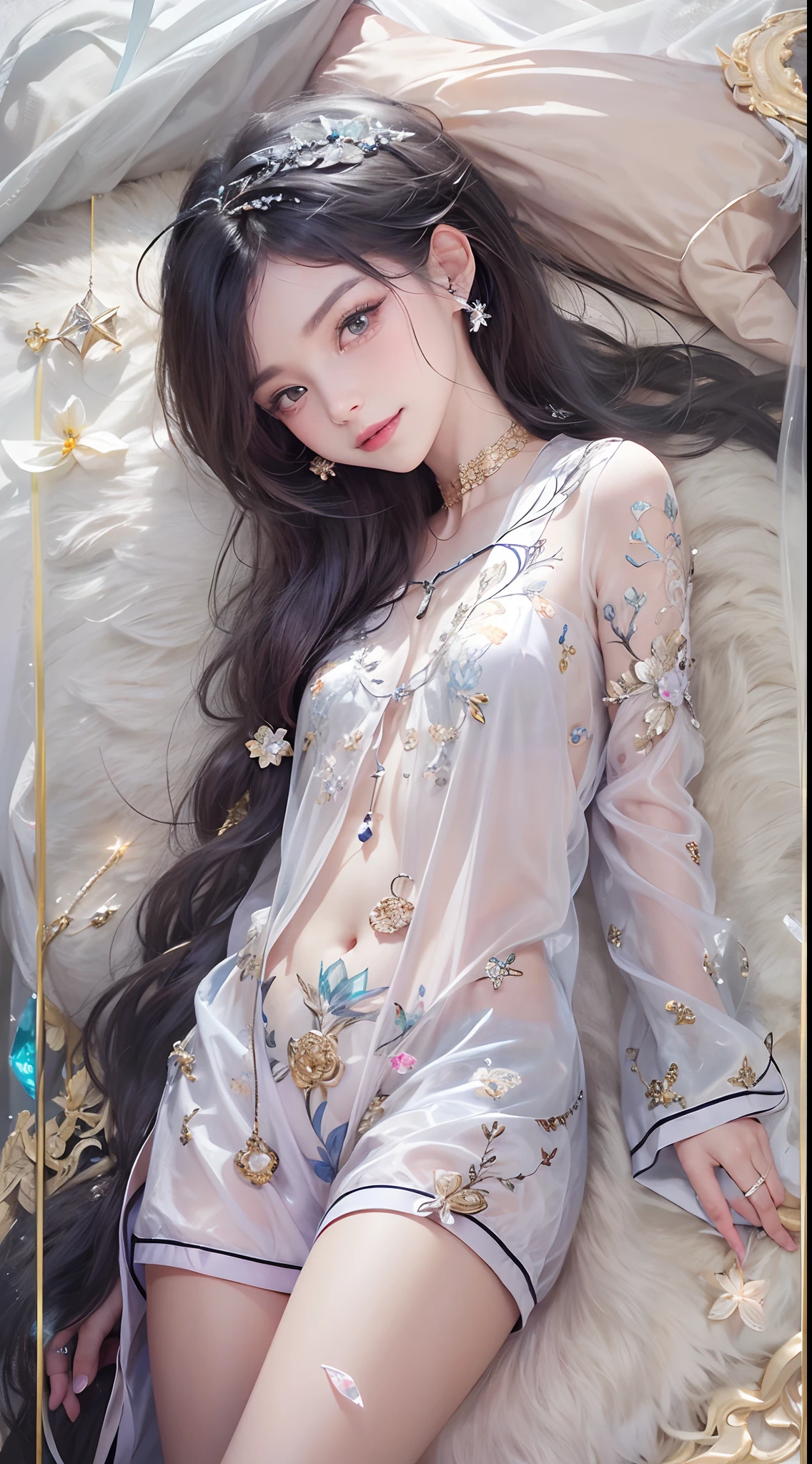 1girll,（enchanced quality：1.4），（Top quality true texture skin), Delicate face,Black hair, Gradient hair, Petite body,（perfect bodies：1.1）, There are precious stones on the forehead, rimless eyewears, Sparkling pupils，long eyelasher,grin, hyper photorealism, Cinematic lighting, projected inset, surrealism, hyper HD, Masterpiece, 16k，Lie down，dream on，Wear transparent silk pajamas,Carmelto,Legs slightly open，Tattooed with，Fantasy space，Luxurious space