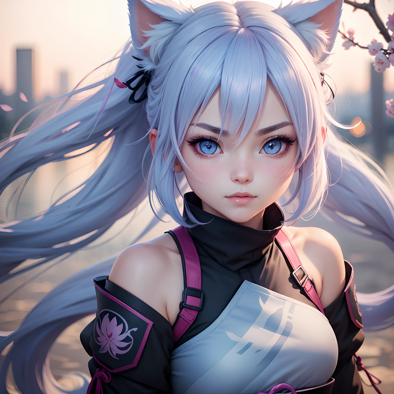Ninja girl portrait, beatiful white color eyes, ultra detailed eyes , blush , light blue color hair , 8k , masterpiece , night background , neko ears , face ornaments, sakura leaves , 25 years old, beatiful girl