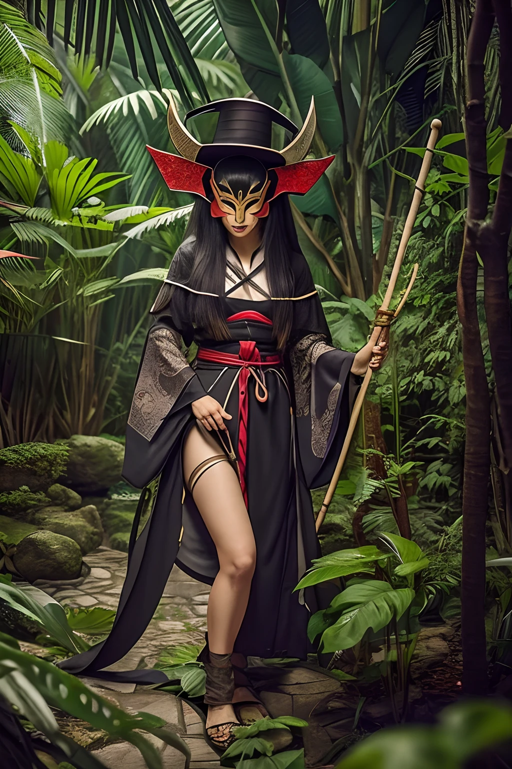 medieval japanese witch in the jungle wearing a demon mask