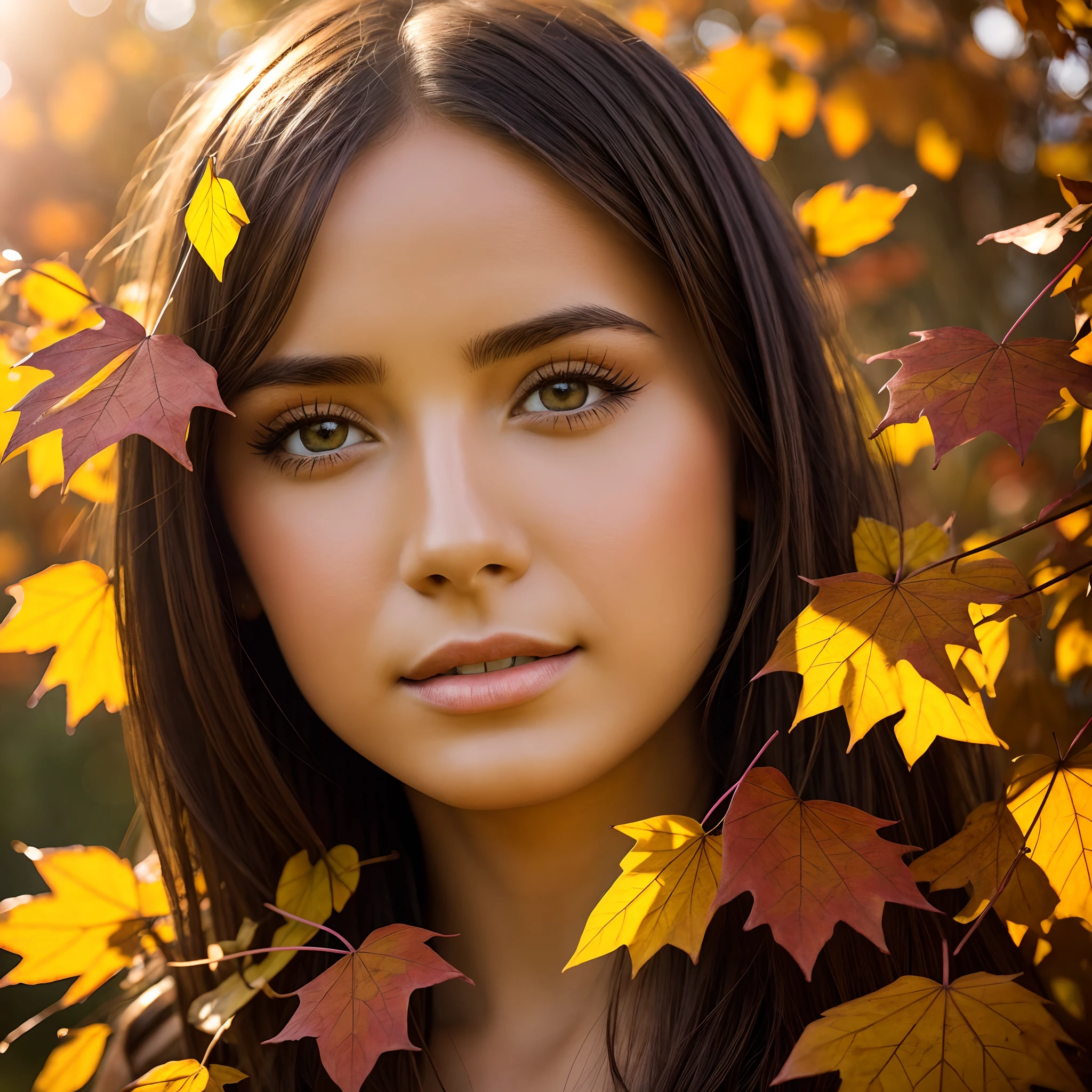 a girl in a garden,beautiful detailed eyes,beautiful detailed lips,extremely detailed eyes and face,long eyelashes,illustration,realistic,photorealistic,ultra-detailed,best quality,4k,8k,highres,masterpiece:1.2,ultra-fine painting,sharp focus,professional,vivid colors,portraits,landscape,battle between summer and autumn,falling leaves,autumn leaves,flowers in bloom,bright sunlight,warm colors,soft lighting
