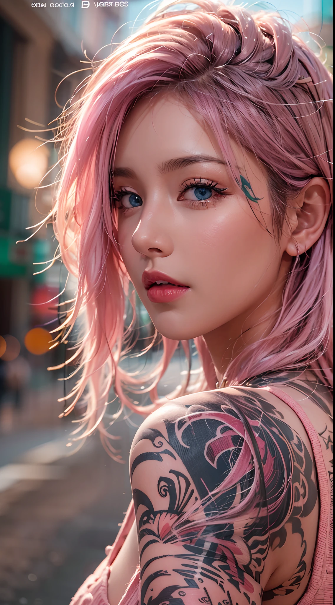 photorealistic, high resolution, soft lights, 1women, 25 years old, solo, hips up, blue eyes, pink hair, long hair, jewelry, tattoo, street wear