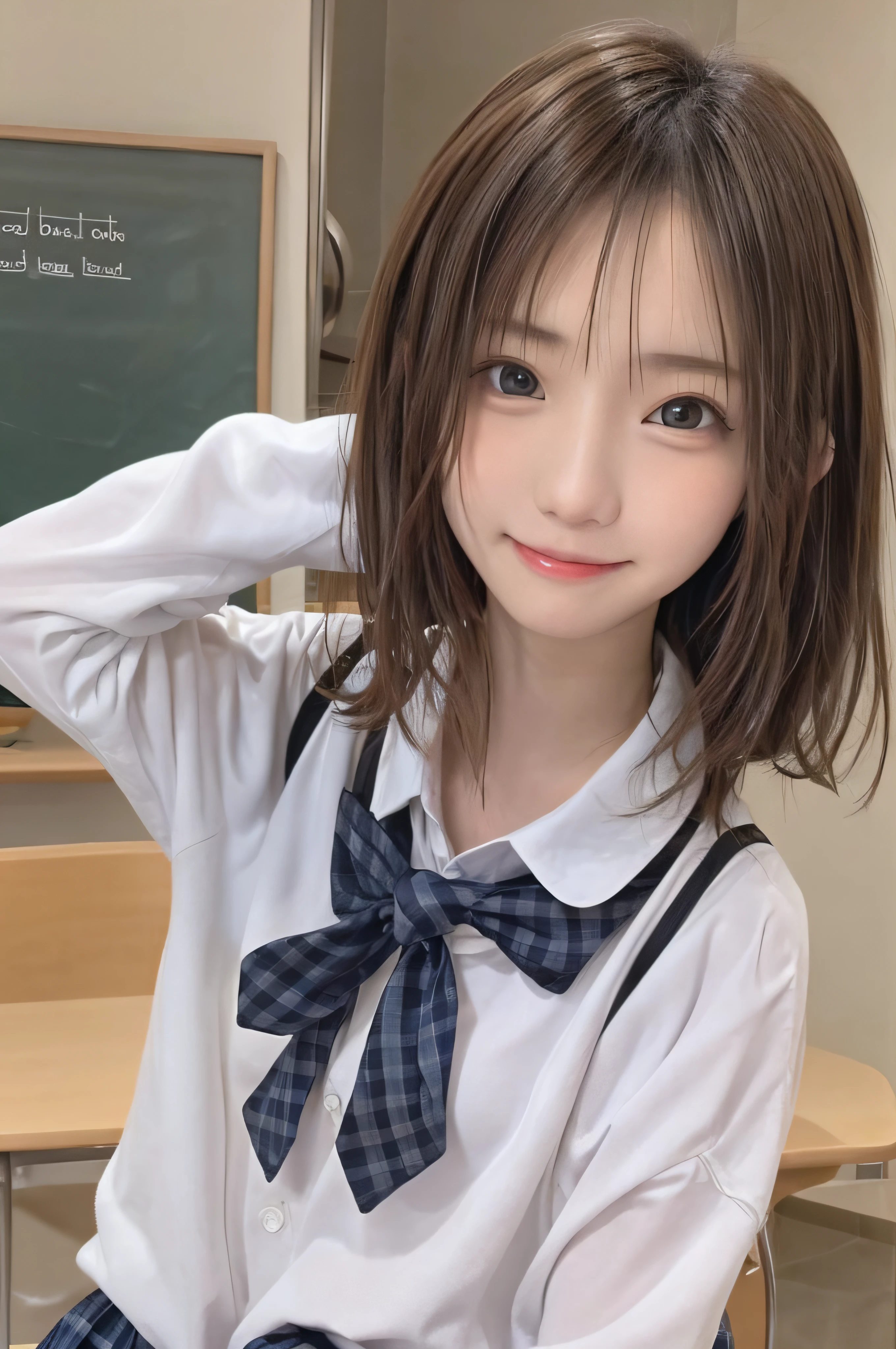 (masterpiece:1.2), Japanese, (16 years old), (a girl), (Collared shirt), (skirt), (bow tie), on a bed, smiling, tits, (close up to face),