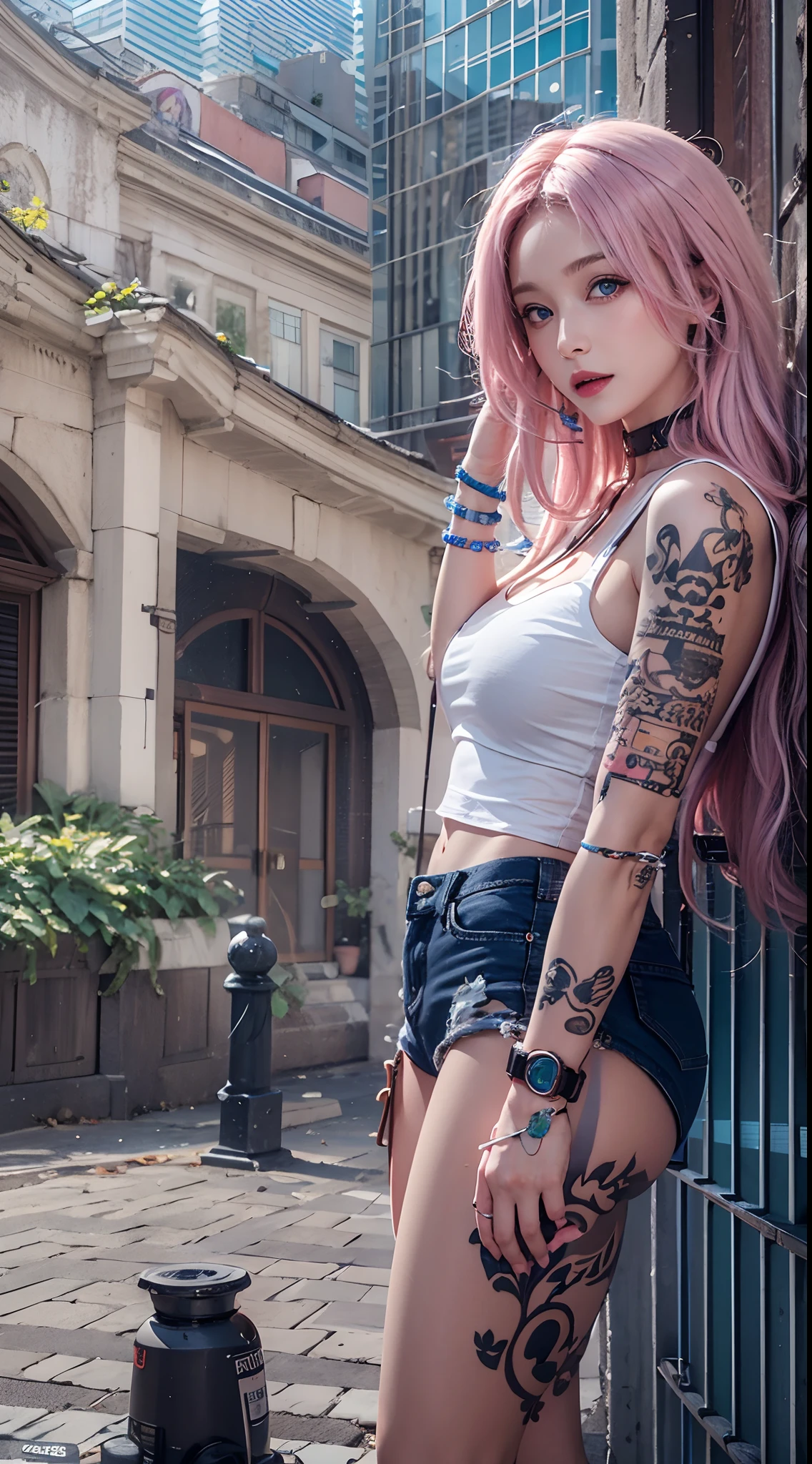 photorealistic, high resolution, soft lights, 1women, 25 years old, solo, hips up, blue eyes, pink hair, long hair, jewelry, tattoo, street wear