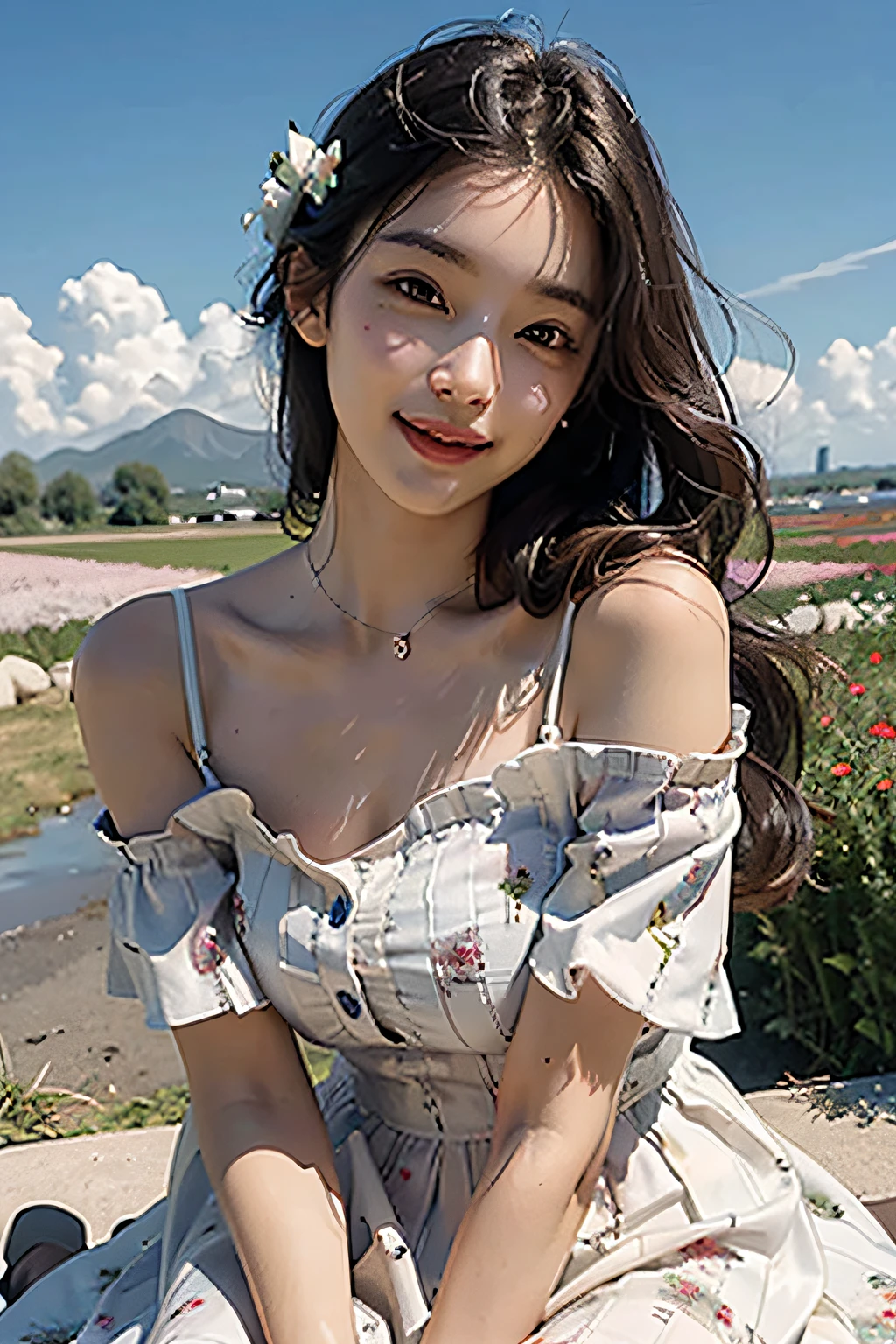 Best quality, masterpiece, ultra high res, (photorealistic:1.4), raw photo, 1girl, dress, off shoulder, blossom flower field, glowing skin, light smile