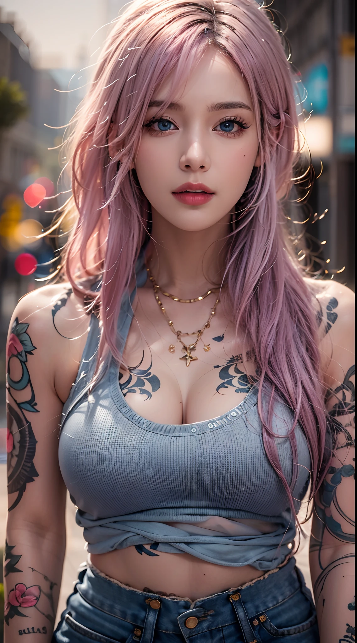 photorealistic, high resolution, soft lights, 1women, 25 years old, solo, hips up, blue eyes, pink hair, long hair, jewelry, tattoo, street wear