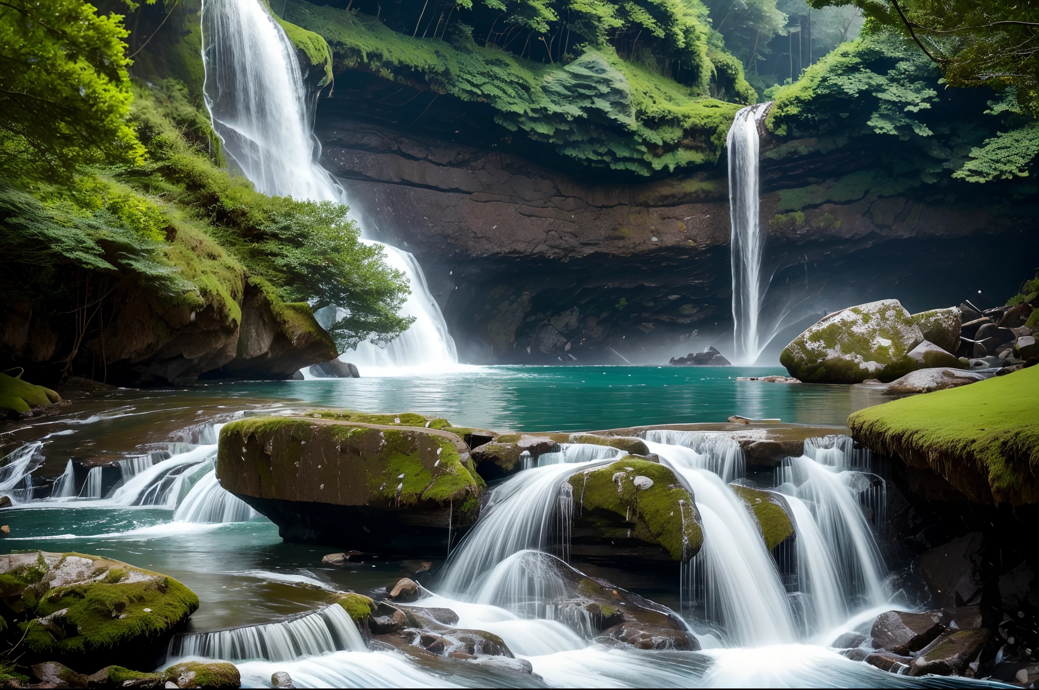 (best quality,highres:1.2),ultra-detailed,realistic,impressive waterfall,flowing water,splashing droplets,majestic scene,natural wonder,nature's power,steep cliffs,lush greenery,sunlight filtering through trees,misty atmosphere,glistening water,roaring sound of cascades,serene and tranquil,sparkling mist,rainbow colors,elusive beauty,magnificent display of water,refreshing sensation,emotional connection,harmony of nature,powerful force of water,invigorating environment,soothing and calming ambiance,mesmerizing view,spectacular landscape,awe-inspiring sight of nature,pure and pristine,tranquil blue pools,adventurous spirit,adrenaline rush,thrilling experience,deep connection with nature,escape from daily life,exhilarating beauty of nature,sense of wonderment,feeling small in the presence of nature's grandeur,unforgettable memory