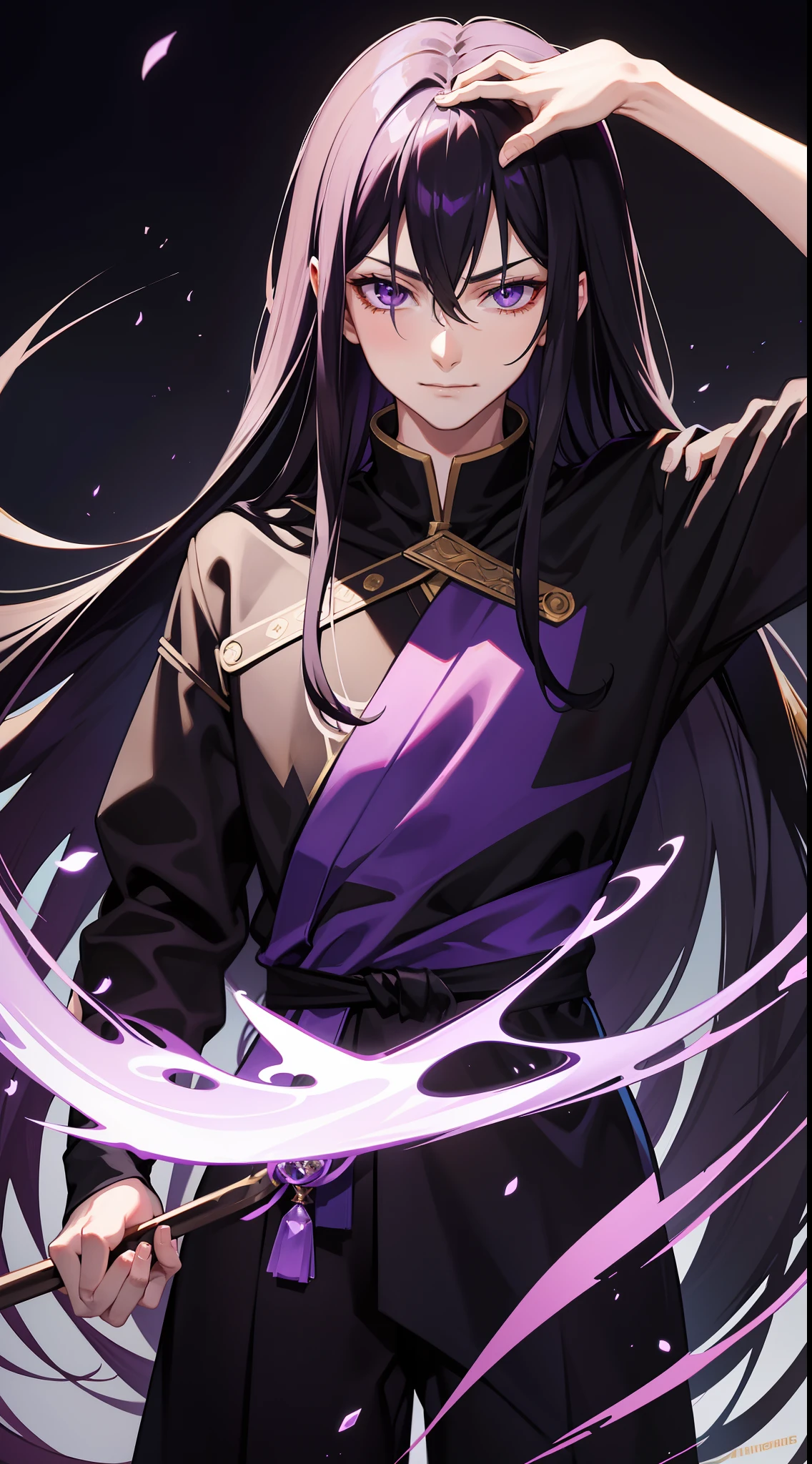 Grown-up guy, Long black hair, violet eyes, smirk, Fiadem, Purple Royal Ninja, Gold Elements, Masterpiece, hiquality, 4k, HD, Good detail