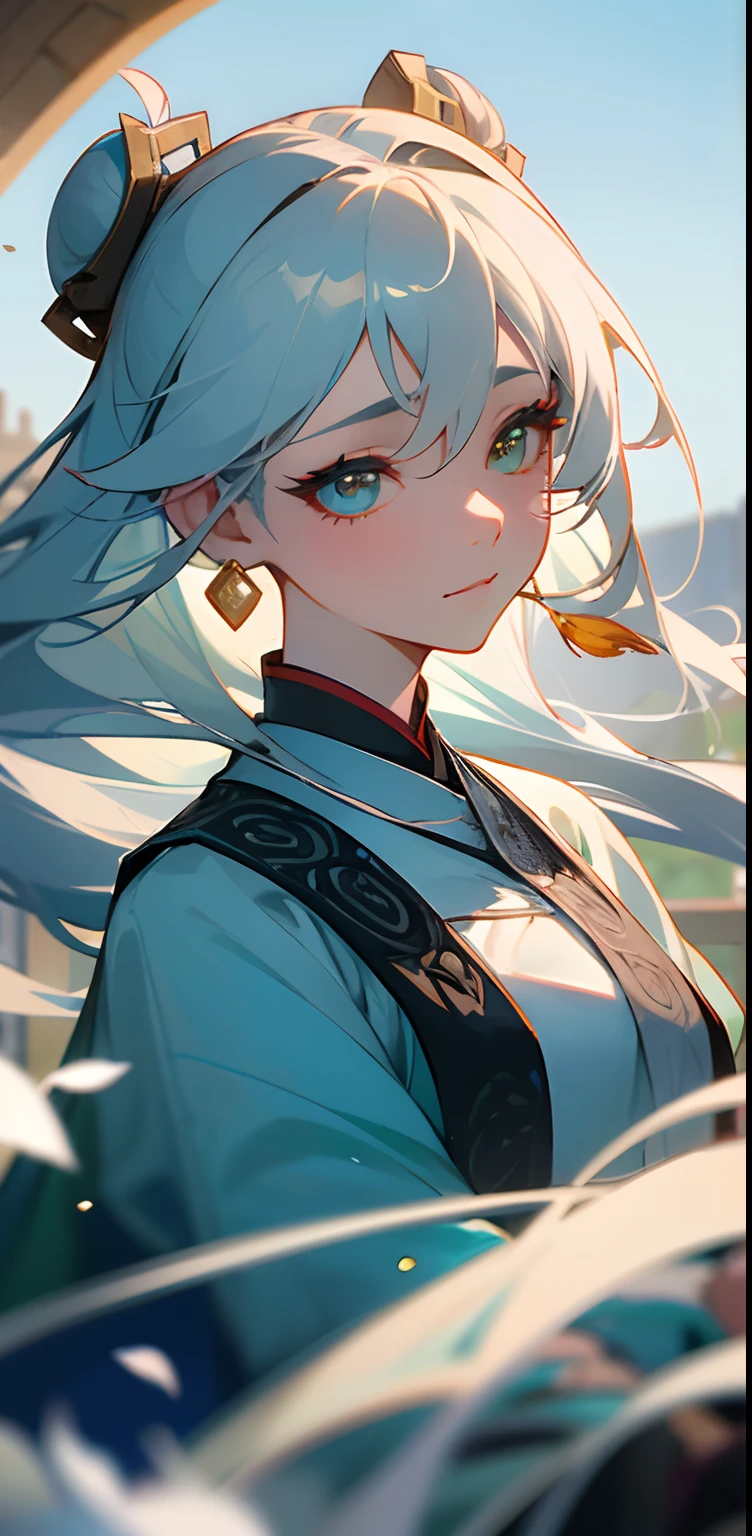 Mature girl, green pupils, blue-white hair color, flowing hair, delicate and flexible eyes, intricate damask Hanfu, gorgeous accessories, wearing pearl earrings, FOV, f/1.8, masterpiece, ancient Chinese style architecture, sky blue, flower petals flying, front portrait photo, Chang'e, side lighting, sunlight on people, 8K