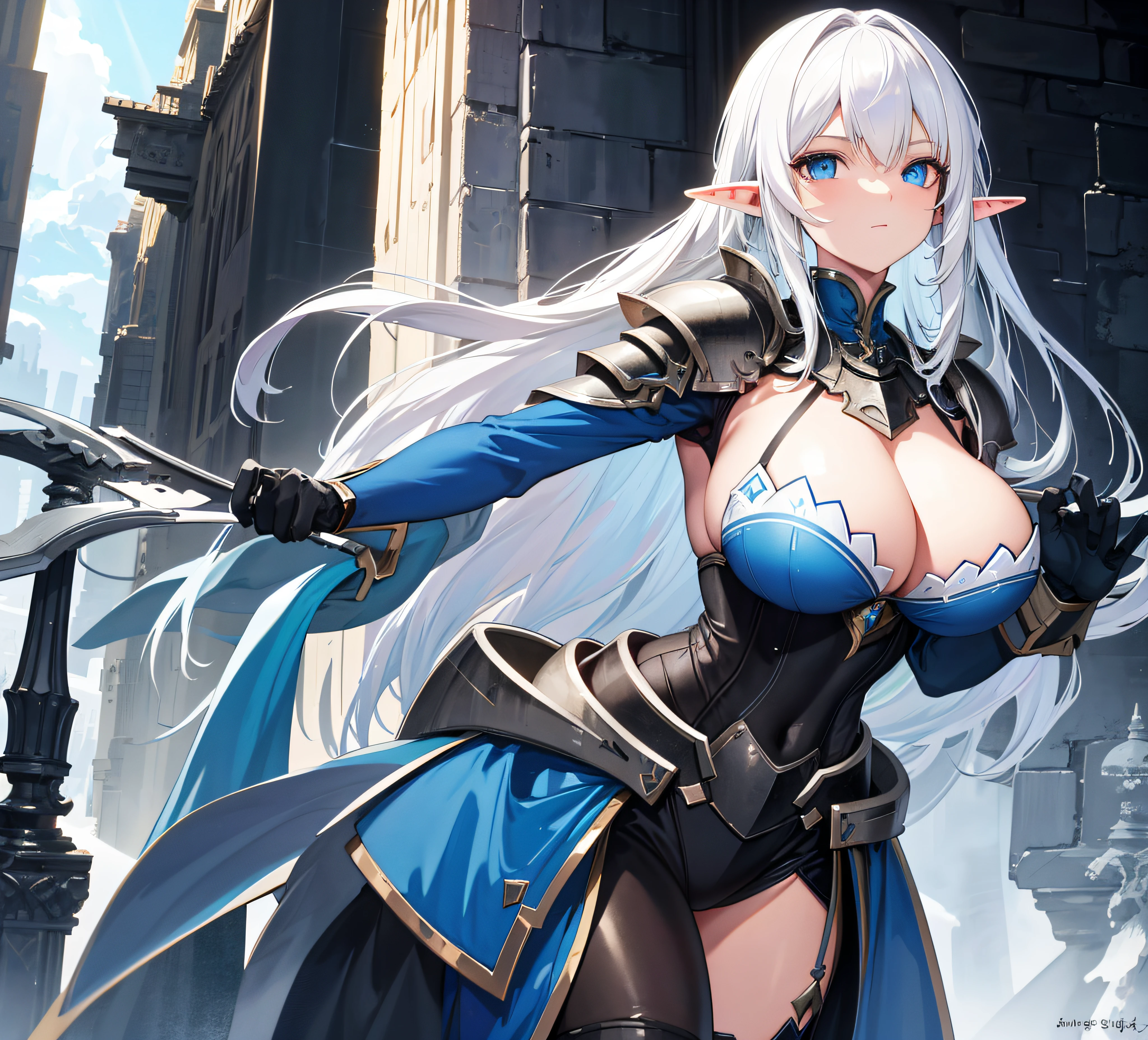 best quality, high_resolution, distinct_image, detailed background ,elf girl with white hair, blue eyes, wearing sexy knight armor, big boobs