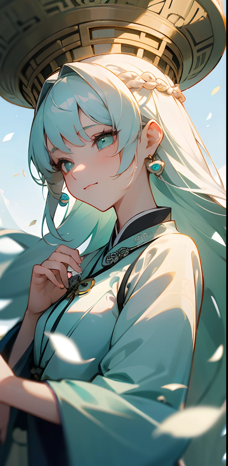 Mature girl, green pupils, blue-white hair color, flowing hair, delicate and flexible eyes, intricate damask Hanfu, gorgeous accessories, wearing pearl earrings, FOV, f/1.8, masterpiece, ancient Chinese style architecture, sky blue, flower petals flying, front portrait photo, Chang'e, side lighting, sunlight on people, 8K