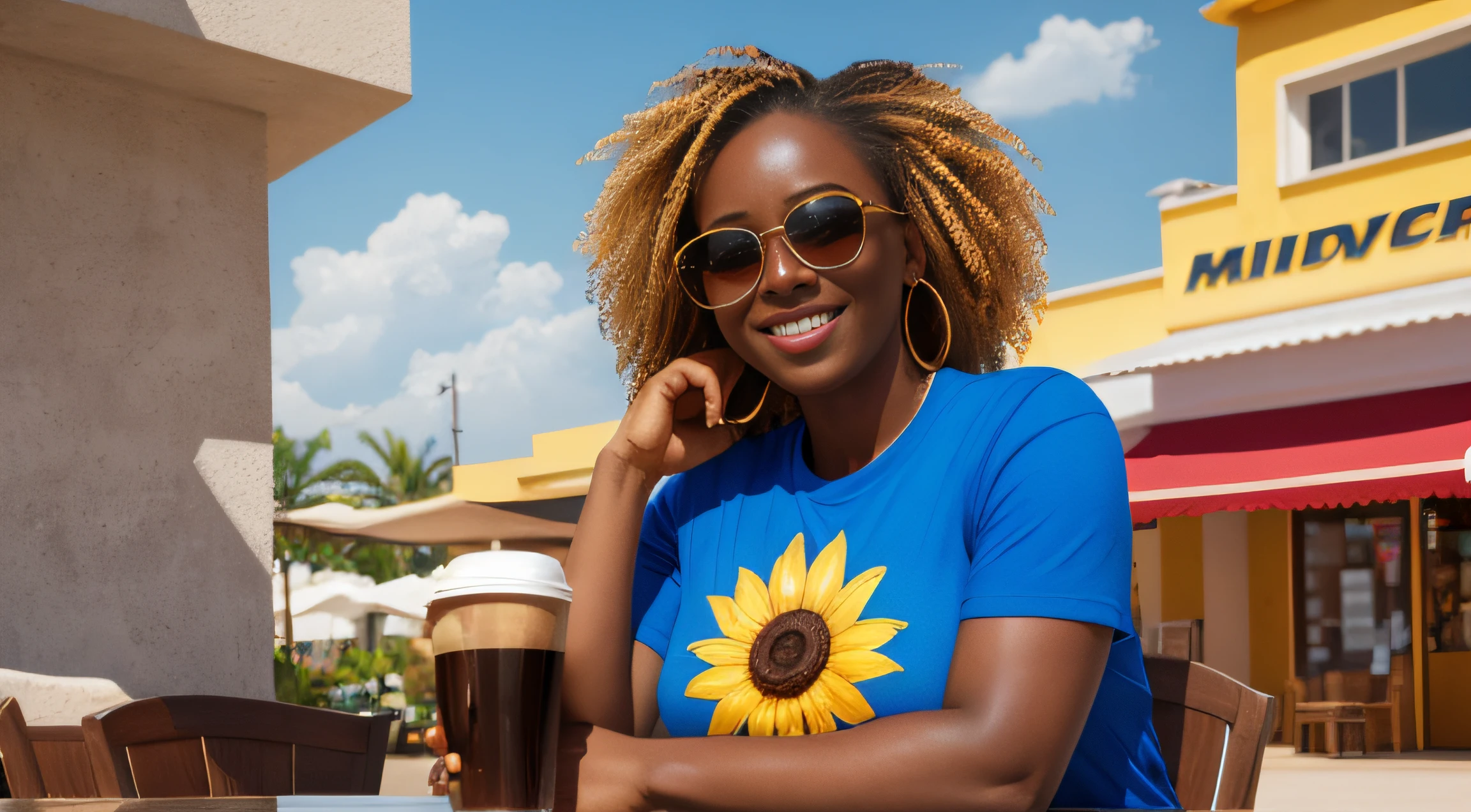 (highest resolution), best quality, master piece, highly detailed, realistic image, very huge breasts, dark skin, yellow hair, full body image, one person, Happy smile, realistic hands, realistic face, realistic tooth, realistic feet, realistic face, sun glasses, black t-shirt, blue jeans, red tennis, coffe bar, drinking coffe, arm crossing.