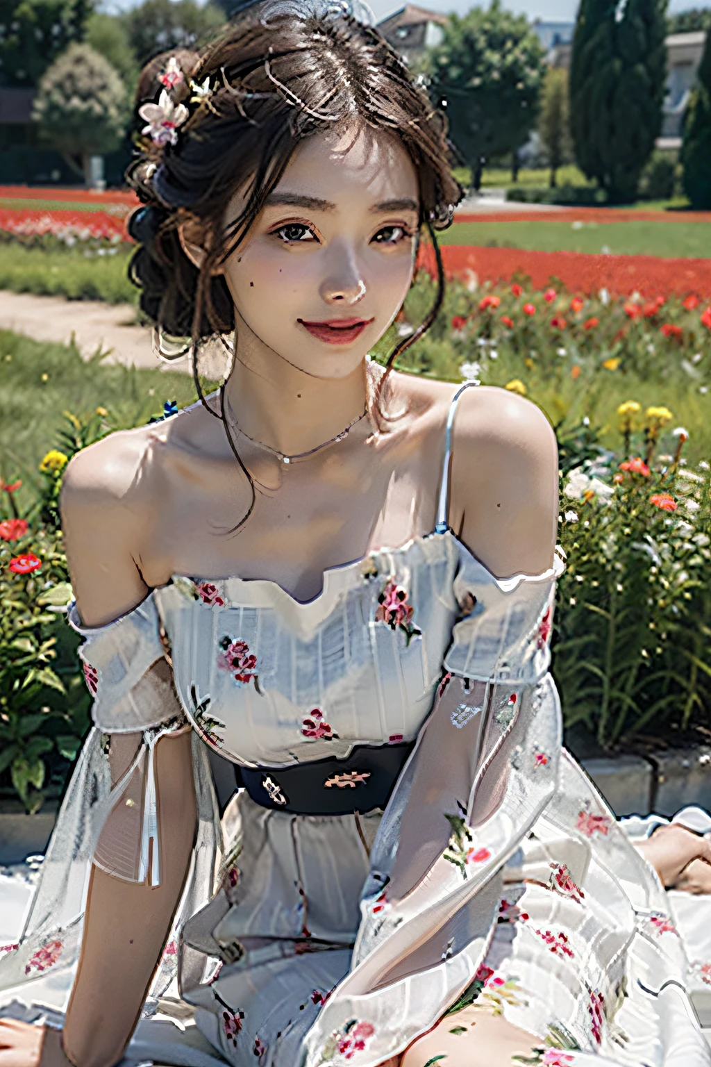 Best quality, masterpiece, ultra high res, (photorealistic:1.4), raw photo, 1girl, dress, off shoulder, blossom flower field, glowing skin, light smile