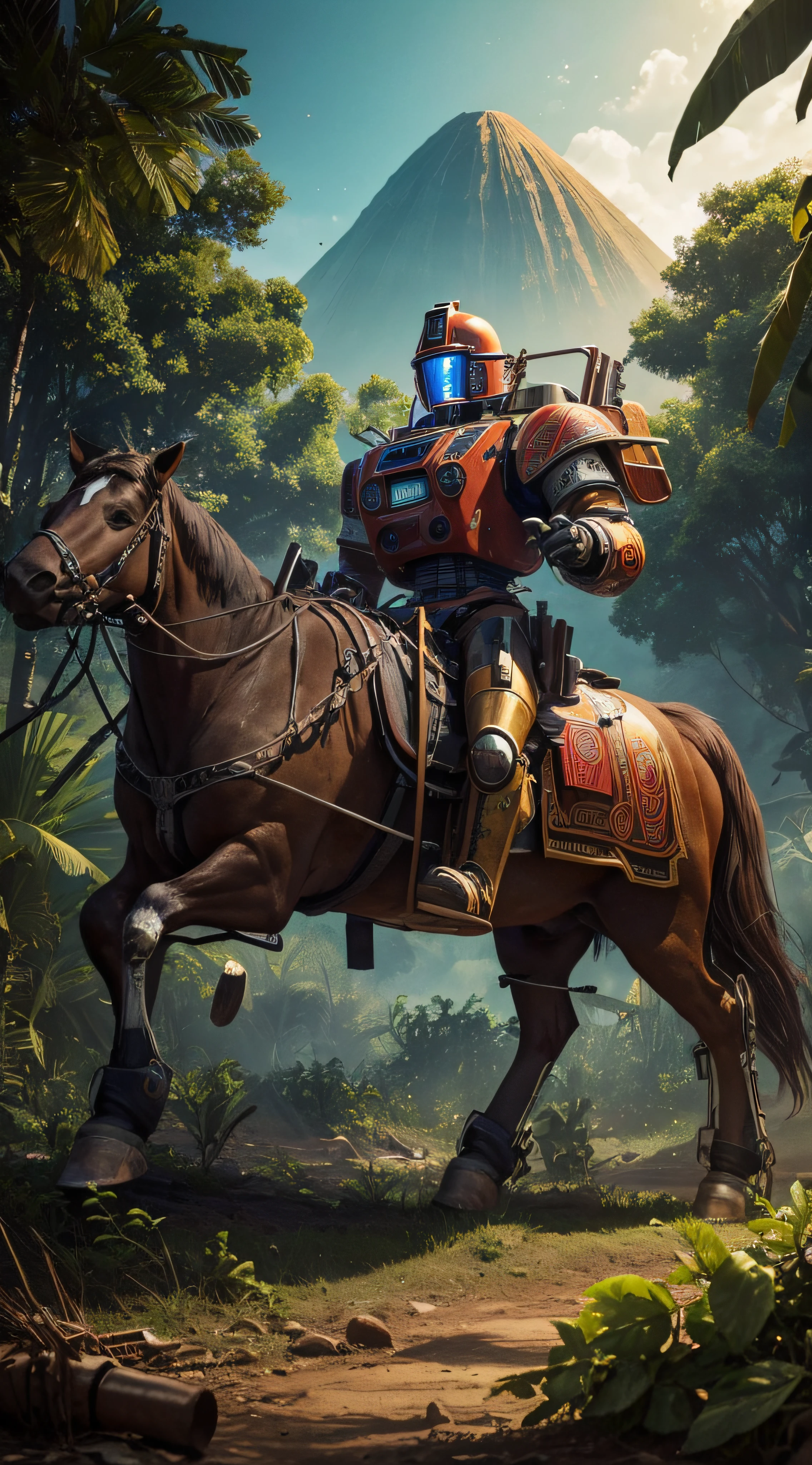 (extremadamente detallado, obra maestra, La mejor calidad, foto antigua, principios de siglo, VHS Aesthetics) Great retro robot with blood in robotic hands. Armas grandes, cannons on his back. motosierras. In the middle of a strange jungle. Vegetables from another dimension. Epic flowers far away, organic trees with meat. Luz noche.