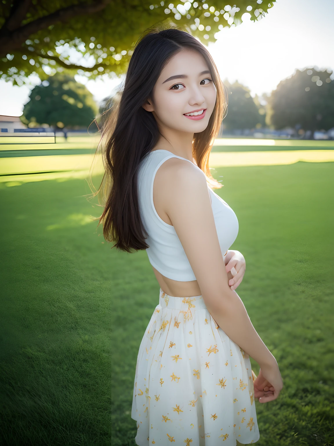 best qualtiy,tmasterpiece,超高分辨率,(真实感:1.4),RAW photogr,1girll,long whitr hair,Face Highlighting,Pure,Girly,Flushing,18yr old,18-year-old smiling female classmate,Pure,Innocent,(best qualtiy,8K,tmasterpiece:1.3),Goose egg face,being thin,largeeyes,long eyelasher,Exquisite(live-action realistic style),Star-like eyes,Ultimate face,Photorealistic light and shadow,Clear facial features,Milky white skin,Fair skin, highdetailskin, Realistic skin details, Visible Pore,(Super detail),(perfect bodies:1.1),long whitr hair,(dynamicposes),((Dynamic background((volumettic light:1.3)),huge tit(1:1.3),standing in grassy field,Short white floral skirt,school ground,Old building,Tall plane tree