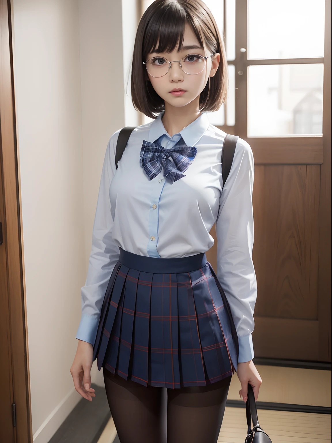 1 girl, solo,raw photo, frank, narrow eyes, full body, black pantyhose, textured skin, skirt up, blue tie, short ponytail, bangs about eyebrows,(medium hair:1.2), pale skin, Japan person, glasses, small, young, tall, dark expression, bright black eyes, anger, school uniform, school pleat, blue and dark blue grey silver checked skirt dark blue × Blue check, slender body, medium build, small waist, wide thighs, photorealistic, top quality, 8K, masterpiece
