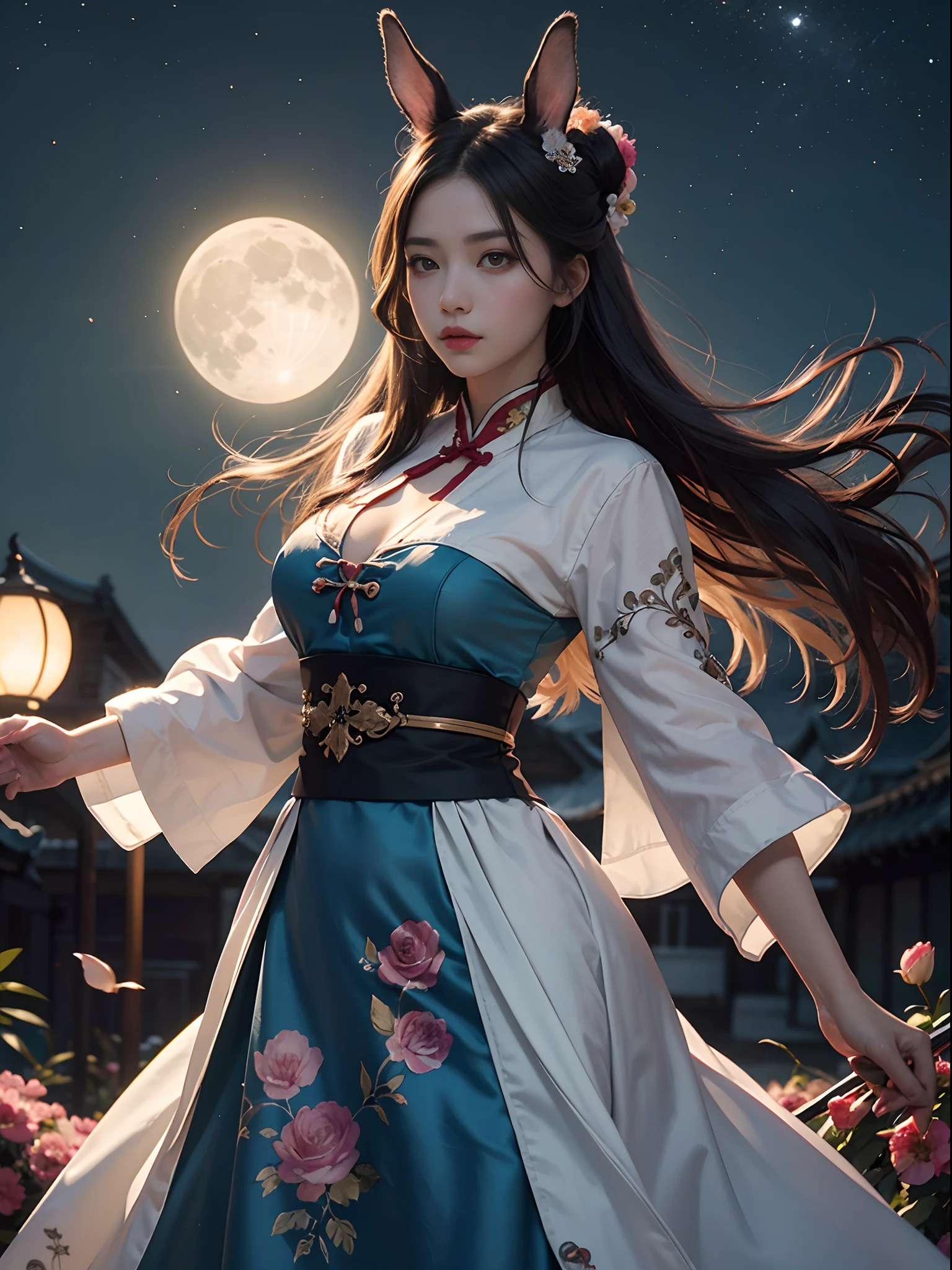 Unbeatable masterpiece, Ultra photo realsisim , Perfect artwork , Intricate details , Best quality , Strong light , High contrast , Dynamic pose , Dutch angle , ((Depth of field)) , (fantasy) , fansty world , An extremely delicate and beautiful) , full moon , 1 rapariga, Rabbit , Chinese_clothes , Night , Floral_print ,Solo , flower , Long hair , Outdoor sunlight , view the viewer , Night sky , Moonlight , Hanfu , (dishiveredhair: 1.1 ) , Silk streamers , (breezy:1.1)