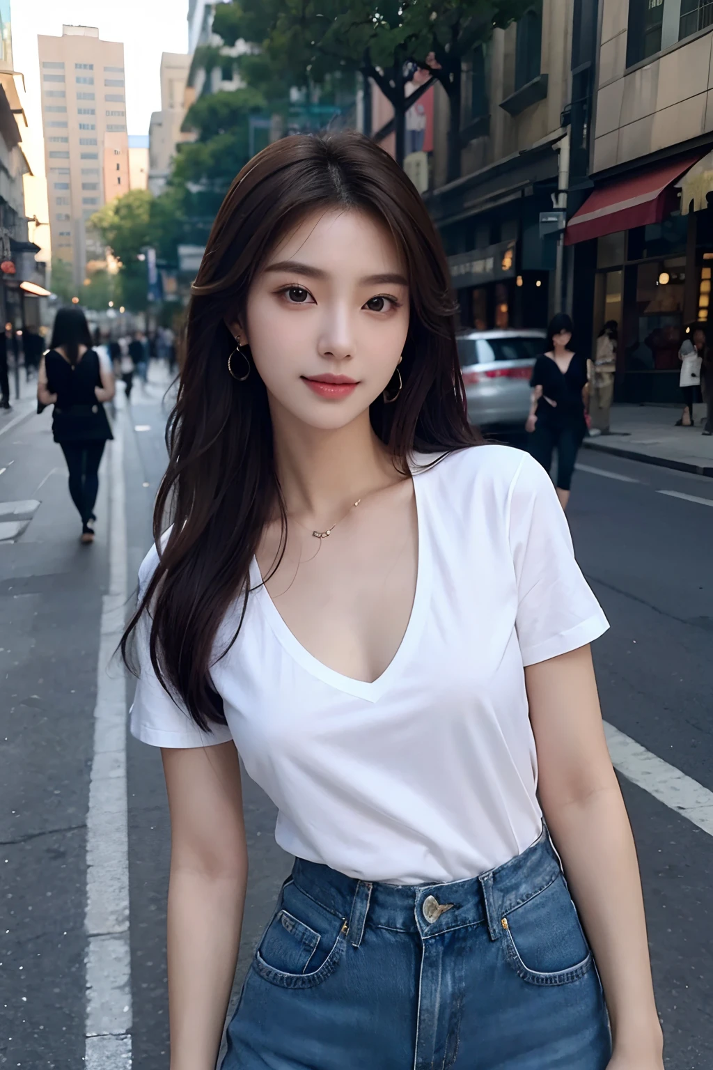 (masterpiece), a stunning photograph of korean girl model, full body, 8k, raw photo, looking at viewer, (highly detailed skin:1.2), small breasts, slim body, brown hair, (photorealistic:1.4), white shirt, blue jeans, solo, jewelry, earrings, (looking at viewer), long hair, brown eyes, portrait, realistic, smile, makeup, outside on the streets