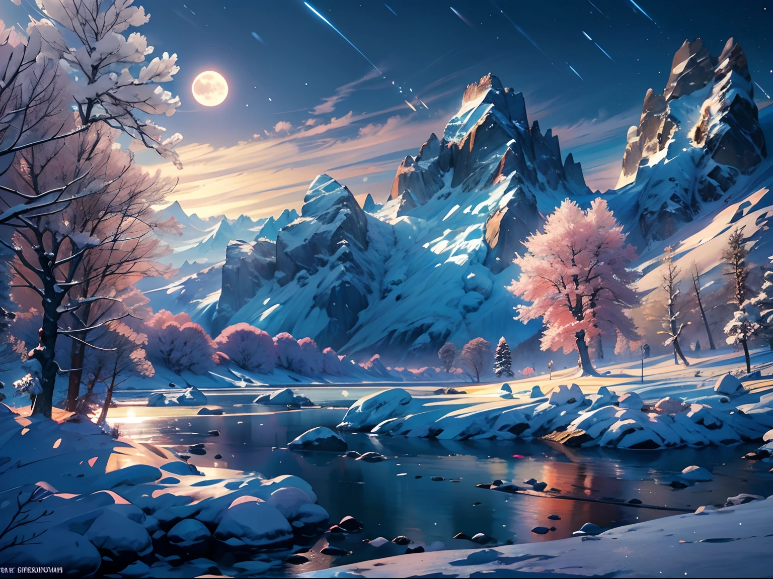 (Best quality,4K,A high resolution,Masterpiece:1.2),Ultra-detailed,(Realistic,Photorealistic,photo-realistic:1.37),hdr,hyper HD,Studio lighting,Clear detail,professional,Vivid colors,Bokeh,winter,anime big breast,landscape,Night,full moon,Cold,in wonderland,serene,tranquil,icy,meteors,Glowing ice,Huge peaks,Majestic,Snow-covered peaks,Snowy forest,Frozen lake,Sparkling snowflakes,Mysterious Shadows,Snow-capped hills in the distance,endless horizon,Icy atmosphere,Calm reflection,Peaceful silence,Brilliant moonlight,Ethereal beauty,Winter ecosystem,harmony of nature,Enchanting silence,enchanting landscape,magical scenery,Awe-inspiring,serenequietude,Engaging view