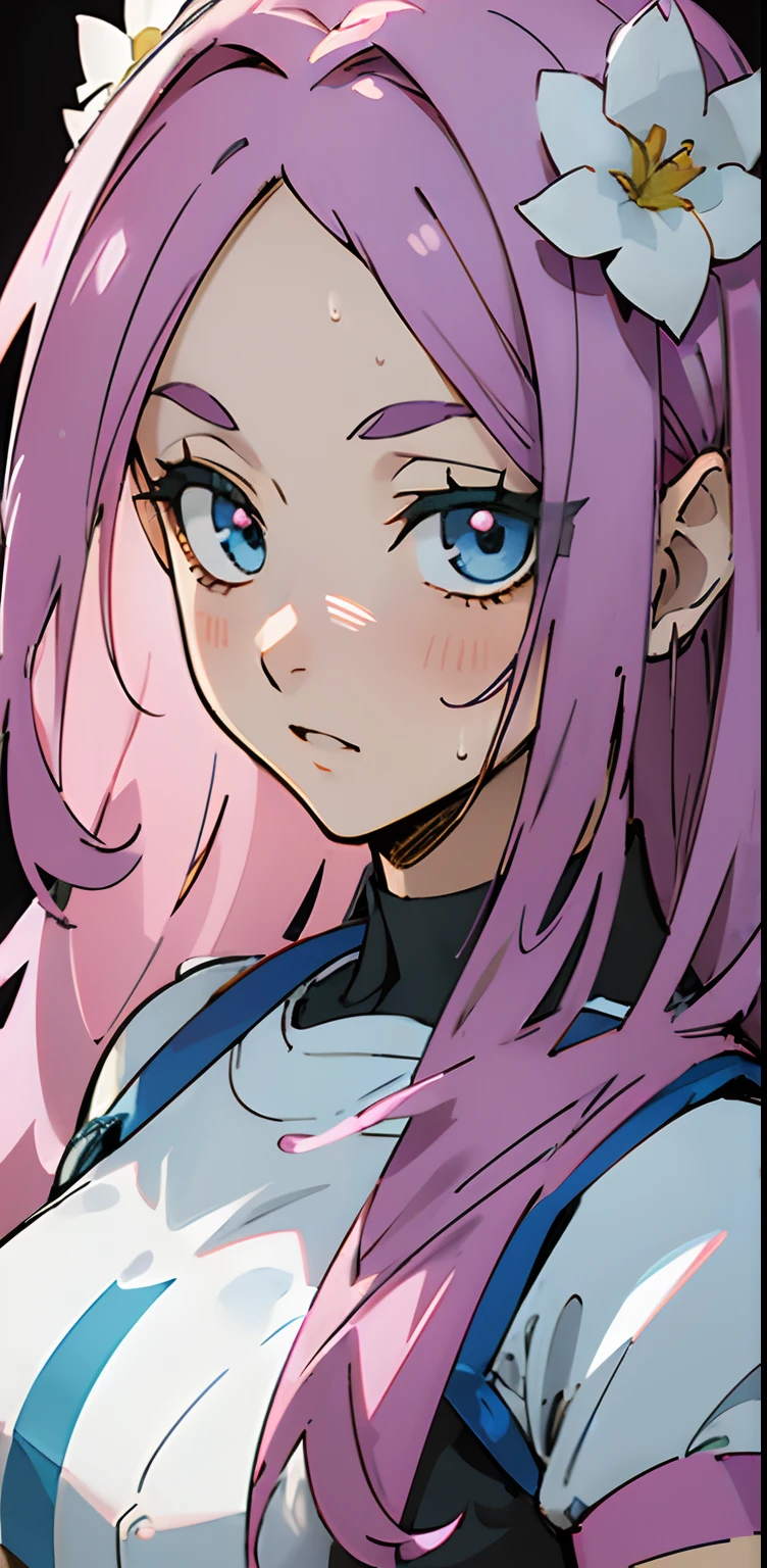 (Detailed Lights, Detailed Shadows), 1Woman, Pink Hair, Close-up, Portrait, (Light Blue Eyes), Extremely Detailed Clothes, ((Modern Clothes)), Beautiful Hair, Muscular, Hair Down, Background Extremely detailed, Beautiful Background, (Long Hair), MakeUp, Pokemon Trainer, A White Flower on the Head