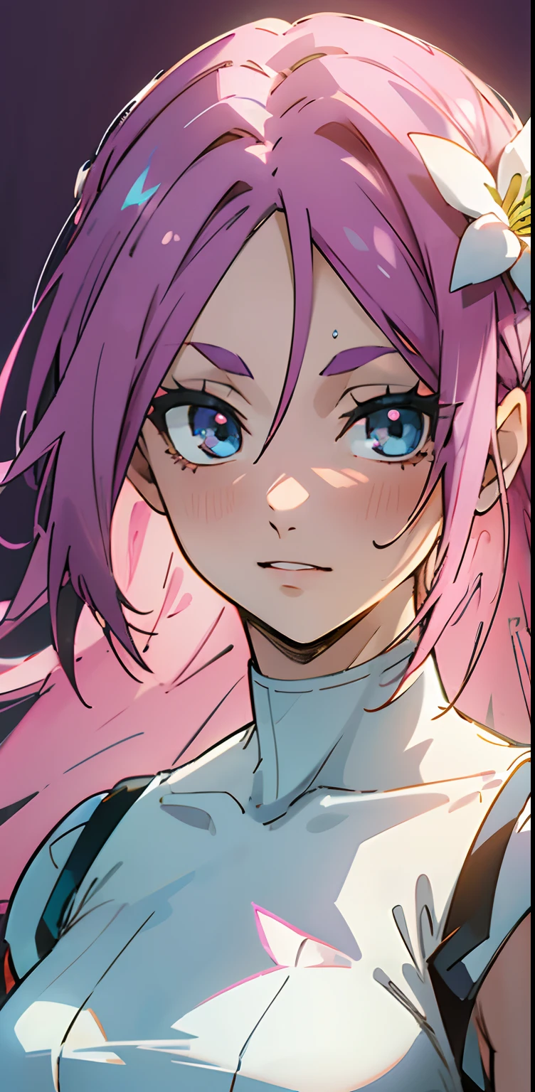 (Detailed Lights, Detailed Shadows), 1Woman, Pink Hair, Close-up, Portrait, (Light Blue Eyes), Extremely Detailed Clothes, ((Modern Clothes)), Beautiful Hair, Muscular, Hair Down, Background Extremely detailed, Beautiful Background, (Long Hair), MakeUp, Pokemon Trainer, A White Flower on the Head