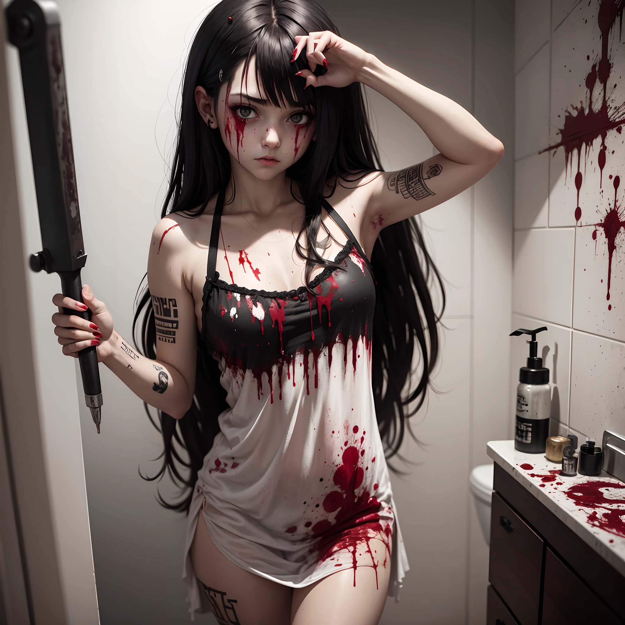 Horror, blood splatters, bathroom , a tattoed emo girl dressed in a nightgown looks on, she is blood splattered, there is a hammer in view