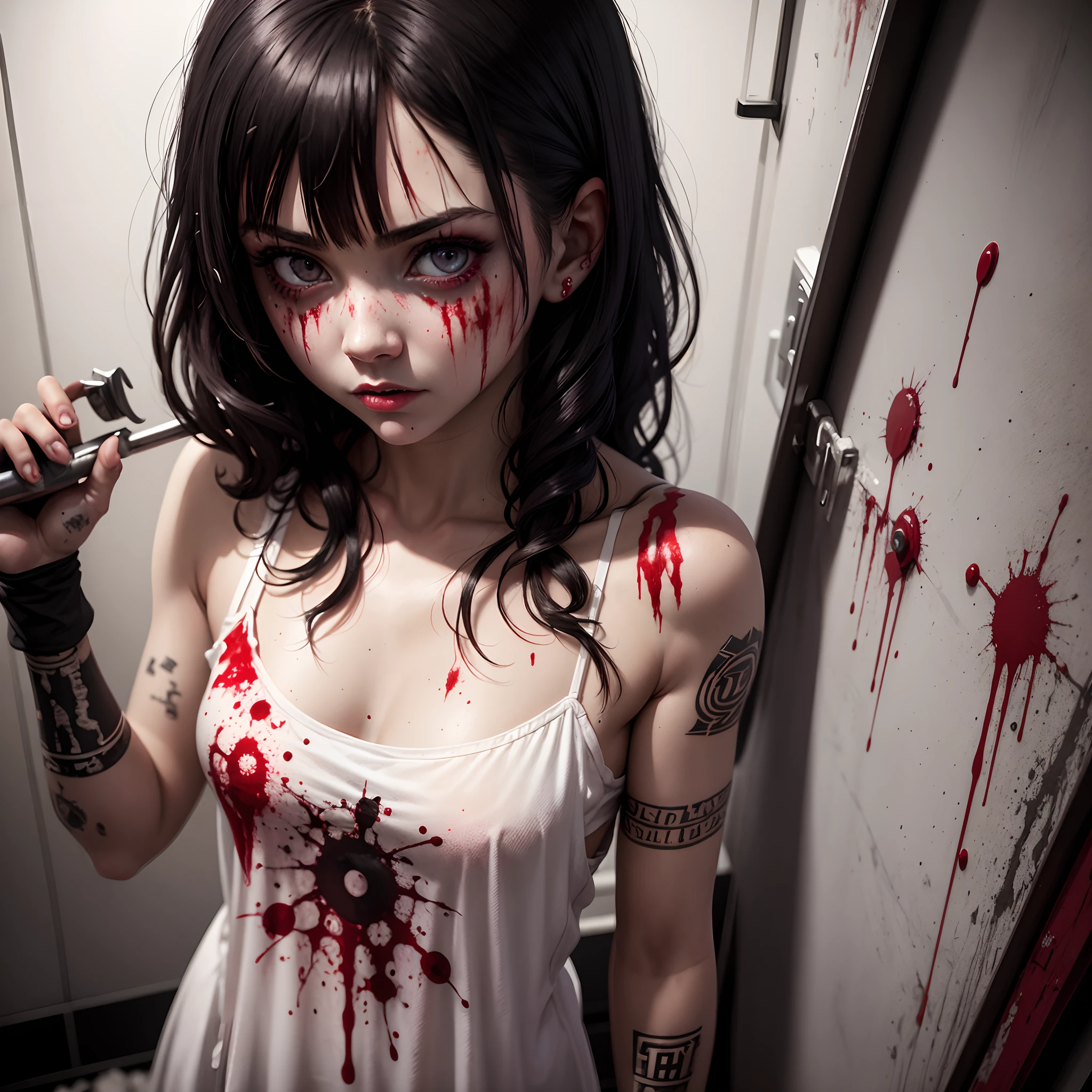 Horror, blood splatters, bathroom , a tattoed emo girl dressed in a nightgown looks on, she is blood splattered, there is a hammer in view