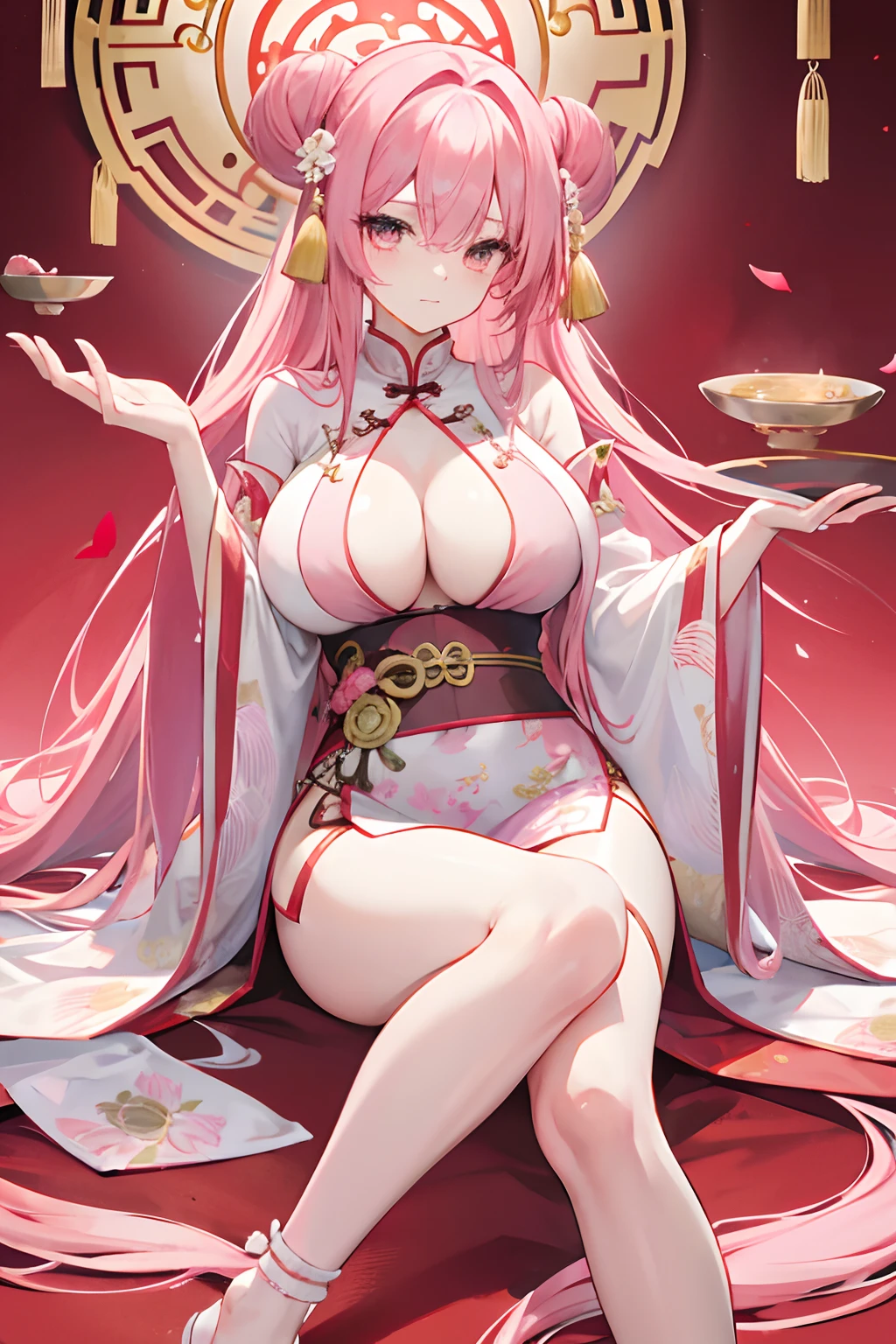 Long pink hair，with long coiled hair，Open chest，Bare chest，huge tit，Royal Sister，Hanfu，show legs，China-style，on cheongsam，lotuses