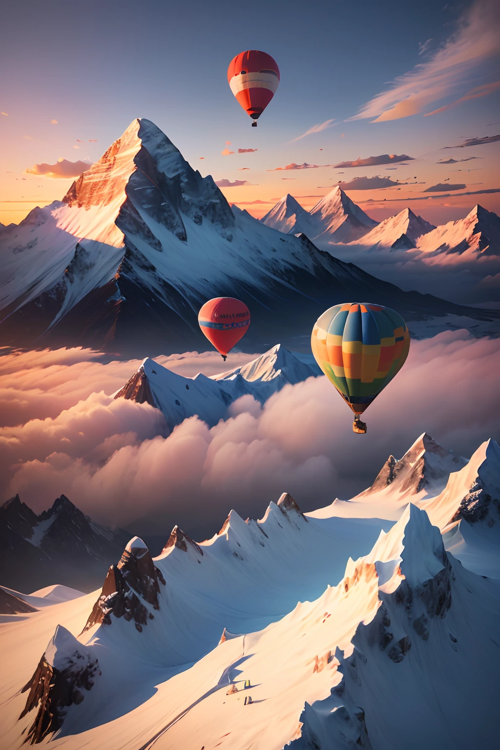 (8K, 16 k, awardwinning, Best quality, A high resolution, Super detail,ultra - detailed, Anatomically correct, masutepiece),3 colorful high-altitude hot air balloons fly over Mount Everest,In the background are rolling snow-capped mountains at sunset,Blue skies,Sunset,