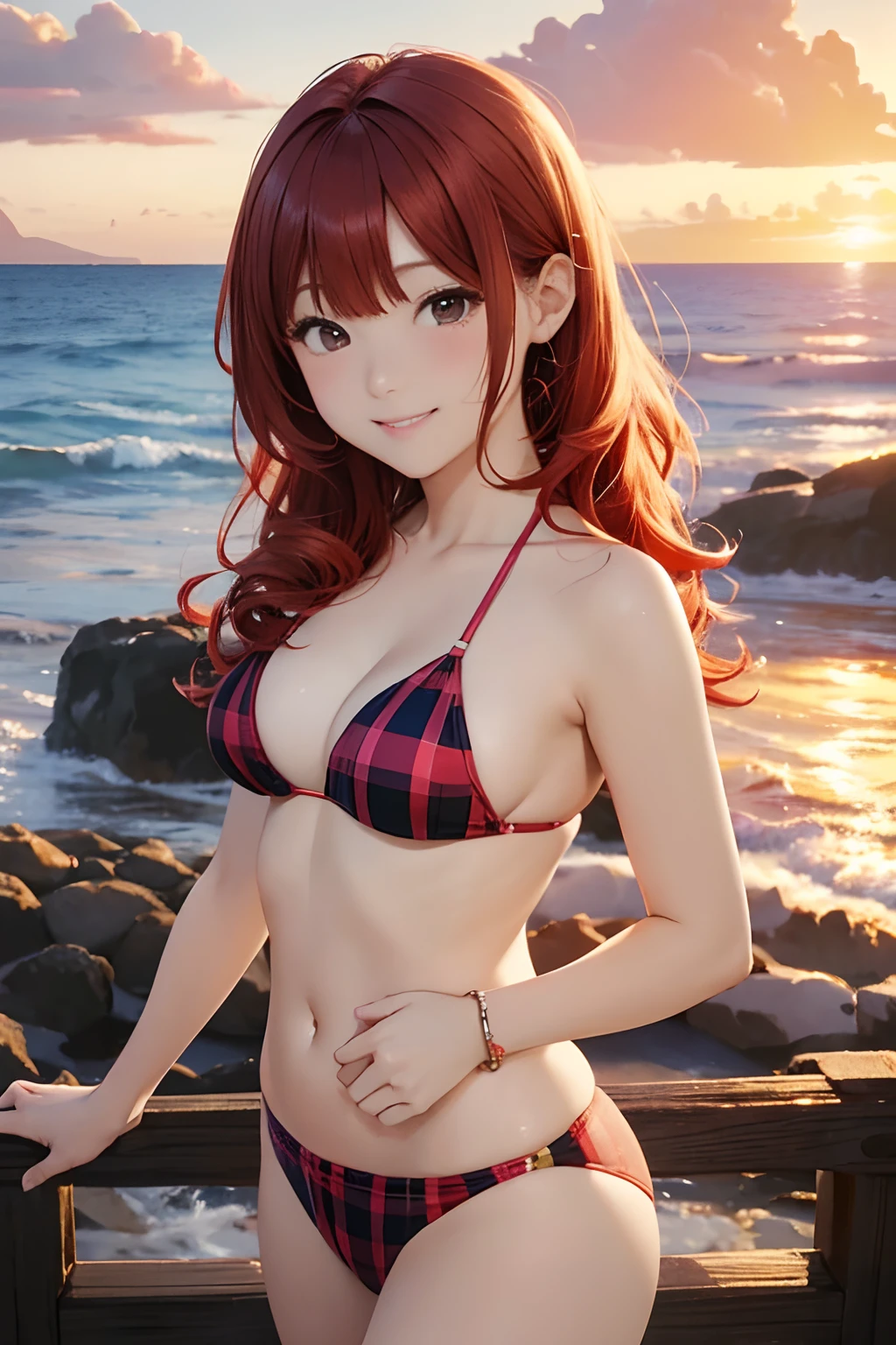 FULL BODYSHOT、an oil painting、​masterpiece、top-quality、hight resolution、Red hair、Cheerful woman、A smile、Sunset、early evening、Sunset over the sea、bobhair、Medium Hair、Black and pink plaid bikini、Fashionable hairstyle、Loose and fluffy perm、cheeks are red、kawaii faces、