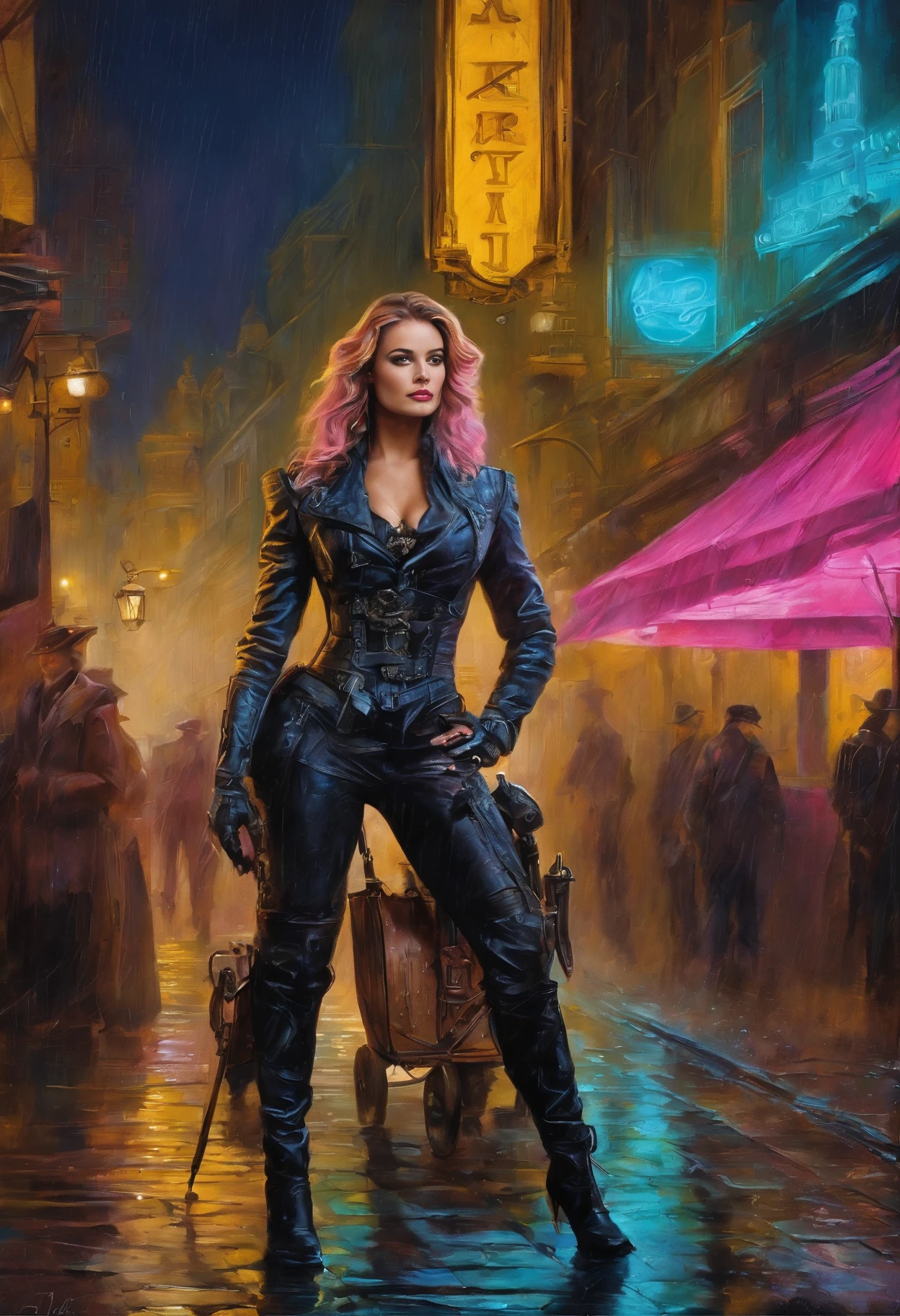 Oil painting of a (steampunk/cyberpunk girl) in street, (close up cowboy shot), messy shapeless hair, ((chiaroscuro effect)), (Steampunk Cyberpunk Cityscape)、(midnight、cyberpunk, asphalt、graffiti art、Reflectors、Shops、kiosk、Walkway、a street、police officers、taxis)、(Skyscraper、Foggy:1.4)、 ((pedestrians、Large crowds on street))、 ((neon signs、Blue Neon、Pink neon、Yellow neon:1.4)), rain puddles on street reflecting lights.