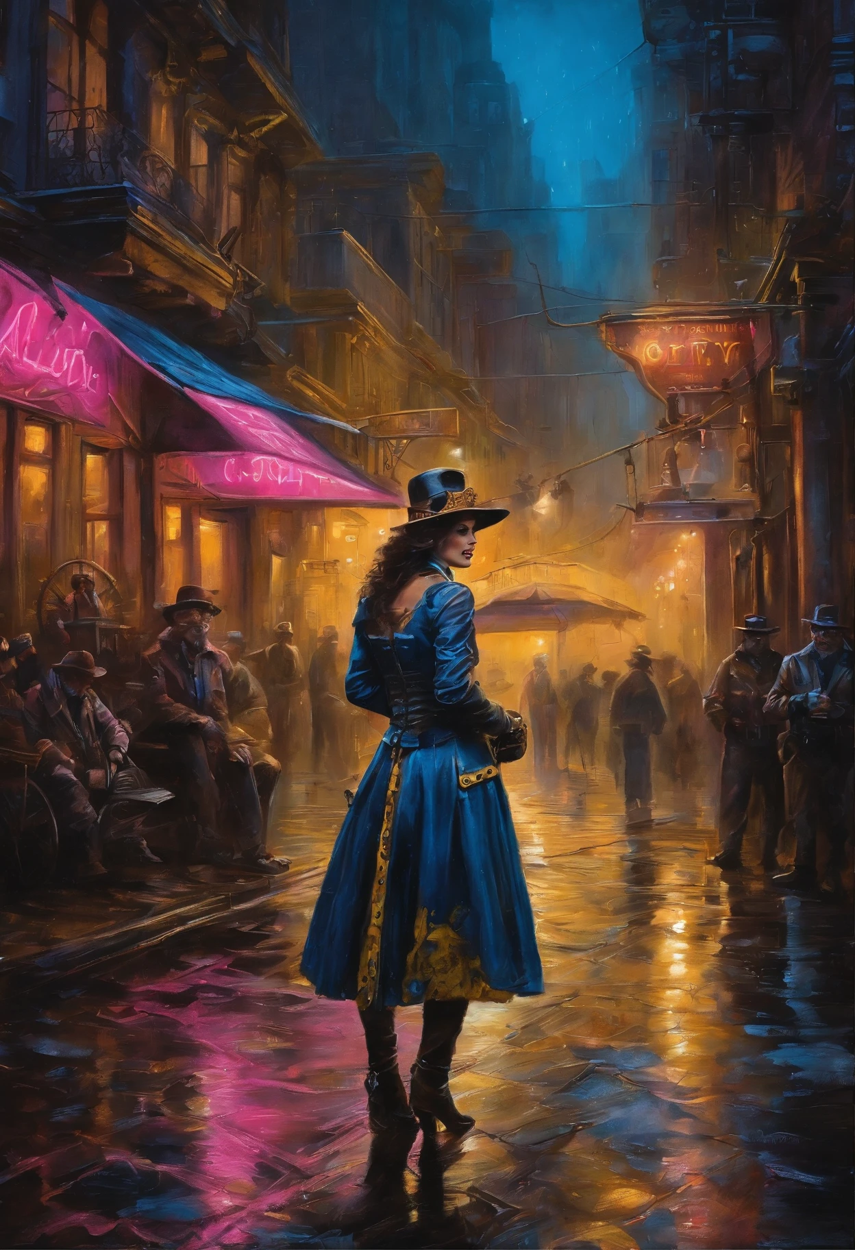 Oil painting of a (steampunk/cyberpunk girl) in street, (close up cowboy shot), messy shapeless hair, ((chiaroscuro effect)), (Steampunk Cyberpunk Cityscape)、(midnight、cyberpunk, asphalt、graffiti art、Reflectors、Shops、kiosk、Walkway、a street、police officers、taxis)、(Skyscraper、Foggy:1.4)、 ((pedestrians、Large crowds on street))、 ((neon signs、Blue Neon、Pink neon、Yellow neon:1.4)), rain puddles on street reflecting lights.