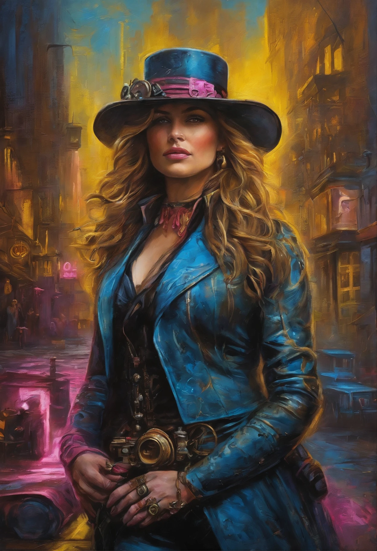 Oil painting of a (steampunk/cyberpunk girl) in street, (close up cowboy shot), messy shapeless hair, ((chiaroscuro effect)), (Steampunk Cyberpunk Cityscape)、(midnight、cyberpunk, asphalt、graffiti art、Reflectors、Shops、kiosk、Walkway、a street、police officers、taxis)、(Skyscraper、Foggy:1.4)、 ((pedestrians、Large crowds on street))、 ((neon signs、Blue Neon、Pink neon、Yellow neon:1.4)), rain puddles on street reflecting lights.