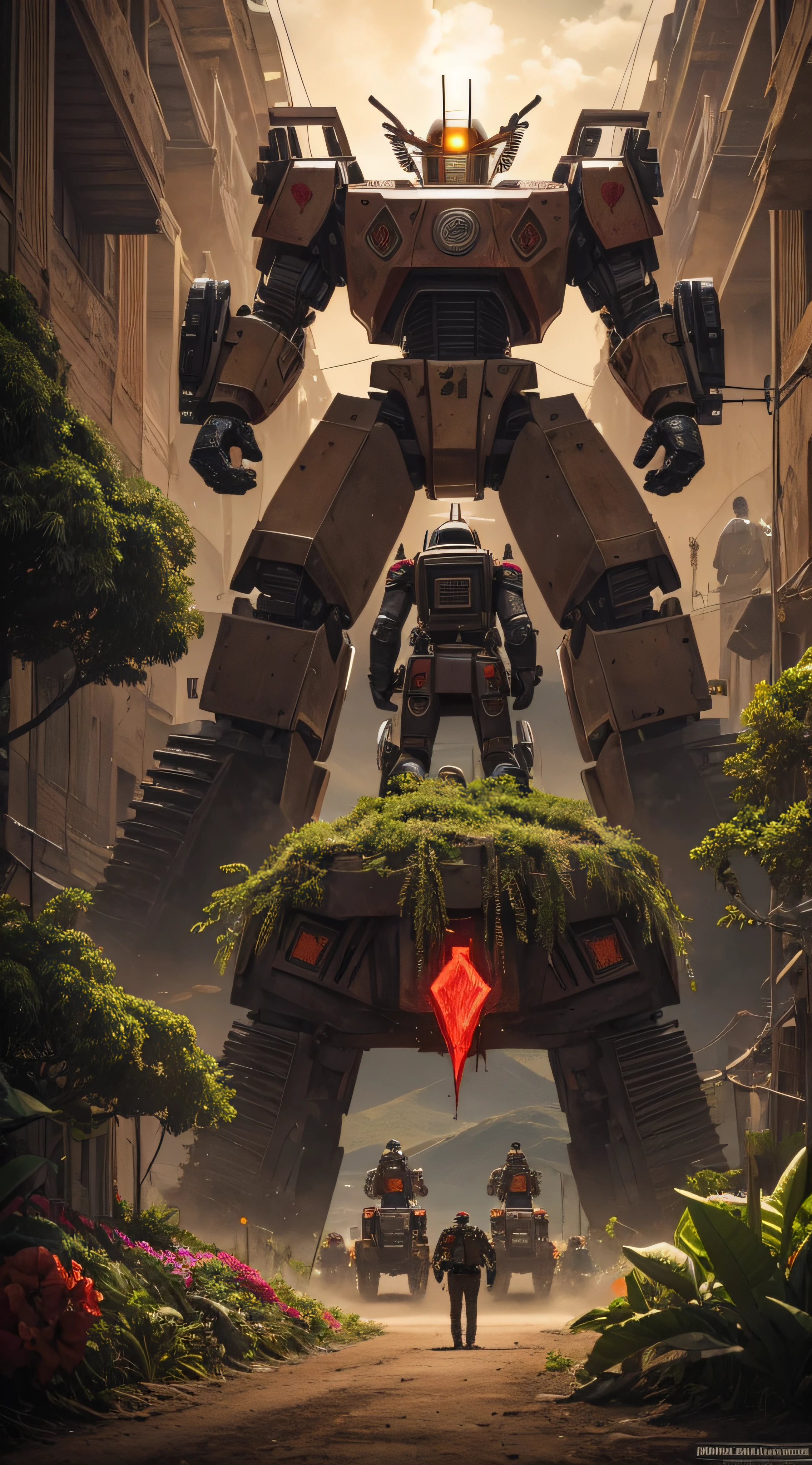 (extremadamente detallado, obra maestra, La mejor calidad, foto antigua, principios de siglo, VHS Aesthetics) Great retro robot with blood in robotic hands. Armas grandes, cannons on his back. motosierras. In the middle of a strange jungle. Vegetables from another dimension. Epic flowers far away, organic trees with meat. Luz noche.