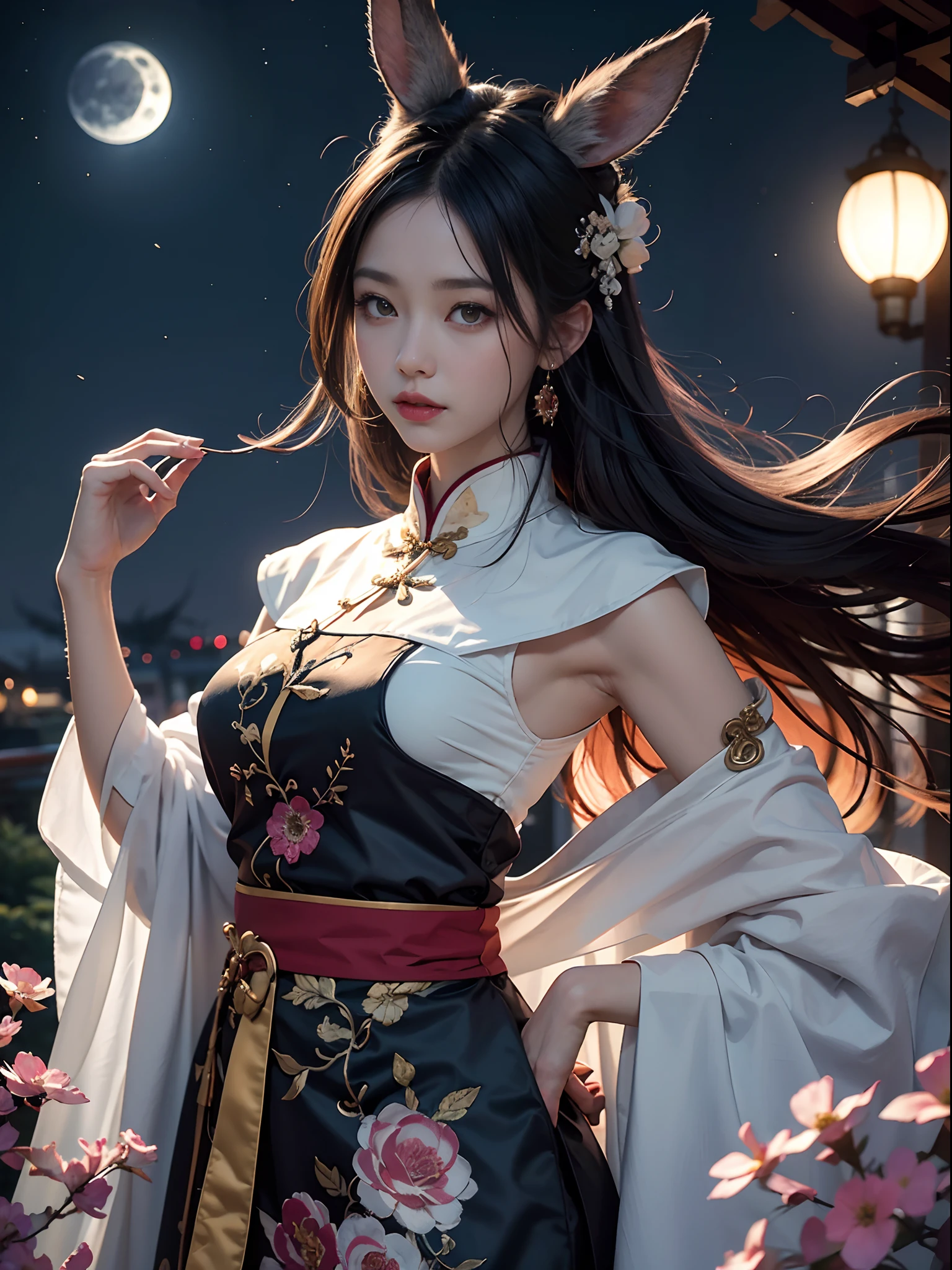 Unbeatable masterpiece, Ultra photo realsisim , Perfect artwork , Intricate details , Best quality , Strong light , High contrast , Dynamic pose , Dutch angle , ((Depth of field)) , (fantasy) , fansty world , An extremely delicate and beautiful) , full moon , 1 rapariga, Rabbit , Chinese_clothes , Night , Floral_print ,Solo , flower , Long hair , Outdoor sunlight , view the viewer , Night sky , Moonlight , Hanfu , (dishiveredhair: 1.1 ) , Silk streamers , (breezy:1.1)