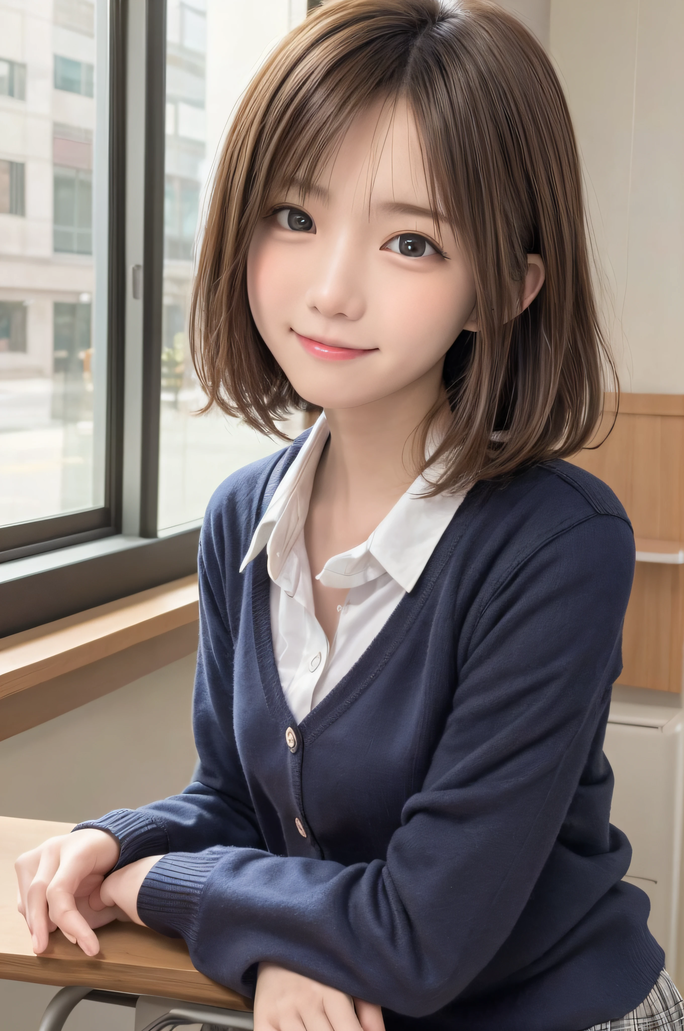 Completely immaculate background、White back、15yo student、soio、brown haired、beautidful eyes、real looking skin、hi-school girl、small tits、tiny chest、(8K、masterpiece)、(reallistic、Photorealsitic)、top-quality、ighly detailed、The ultra-detailliert、Beautie、cute little、japanes、a smile、Close-up portrait、Healthy face、School uniform、Cardigan、plaid skirts