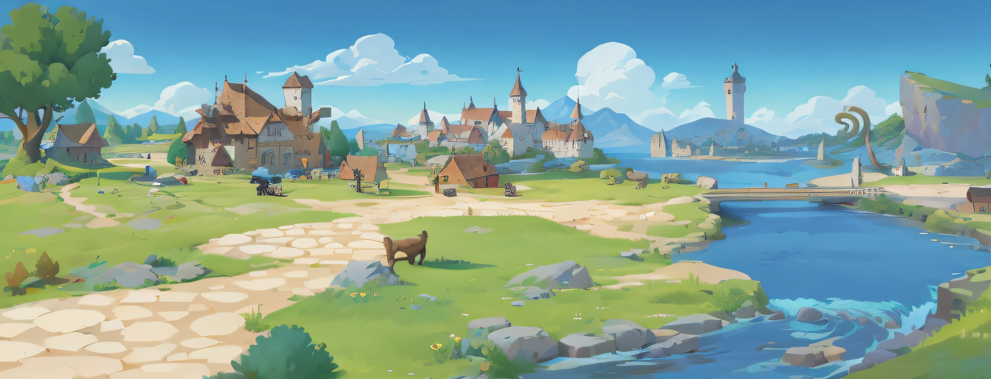 Cartoon illustration of a small village with a river and a bridge, town background, Mobile game background, distant village background, medieval city background, town center background, Mobile game art, renaissance port city background, town in the background, medieval town landscape, tavern background, Castle background, arte de fundo, background fortress, Medieval Castle Background, Game illustration, fairy tale style background