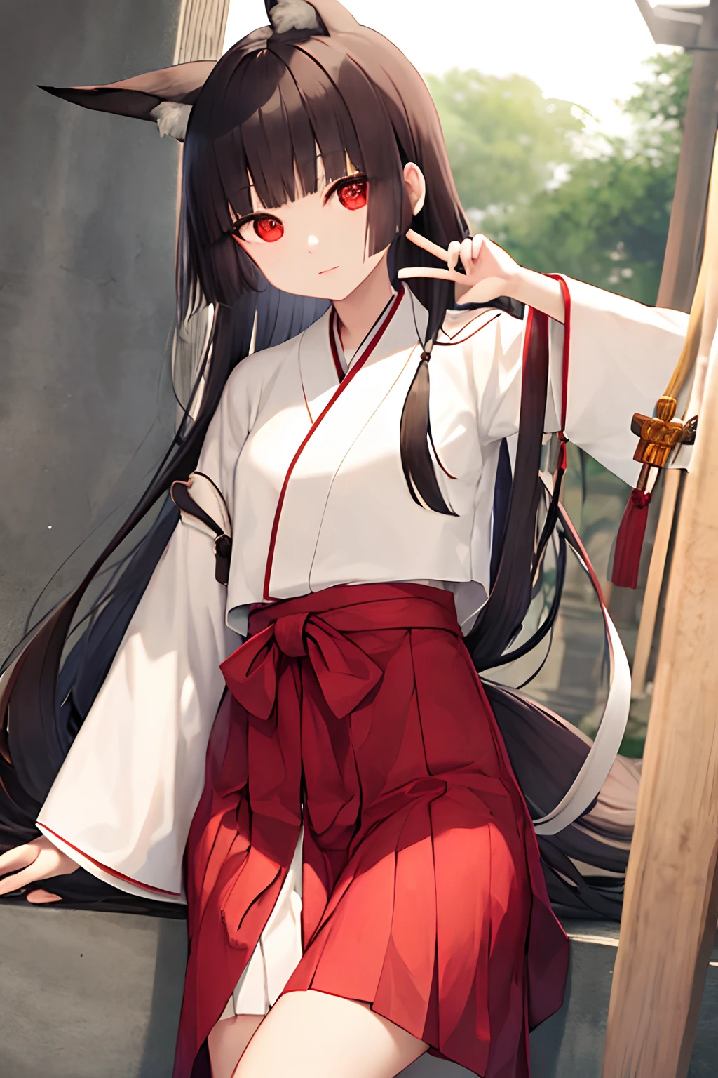 masterpiece、top-quality、1girll、独奏、Fox ears、Fox tail、Brown hair、The tips of the hair are white、The figure of the priestess、The haori of the jacket is white、The lower hakama is red、At the back(on back)Carrying a sword on his back、gazing at viewer、Right hand is a peace sign