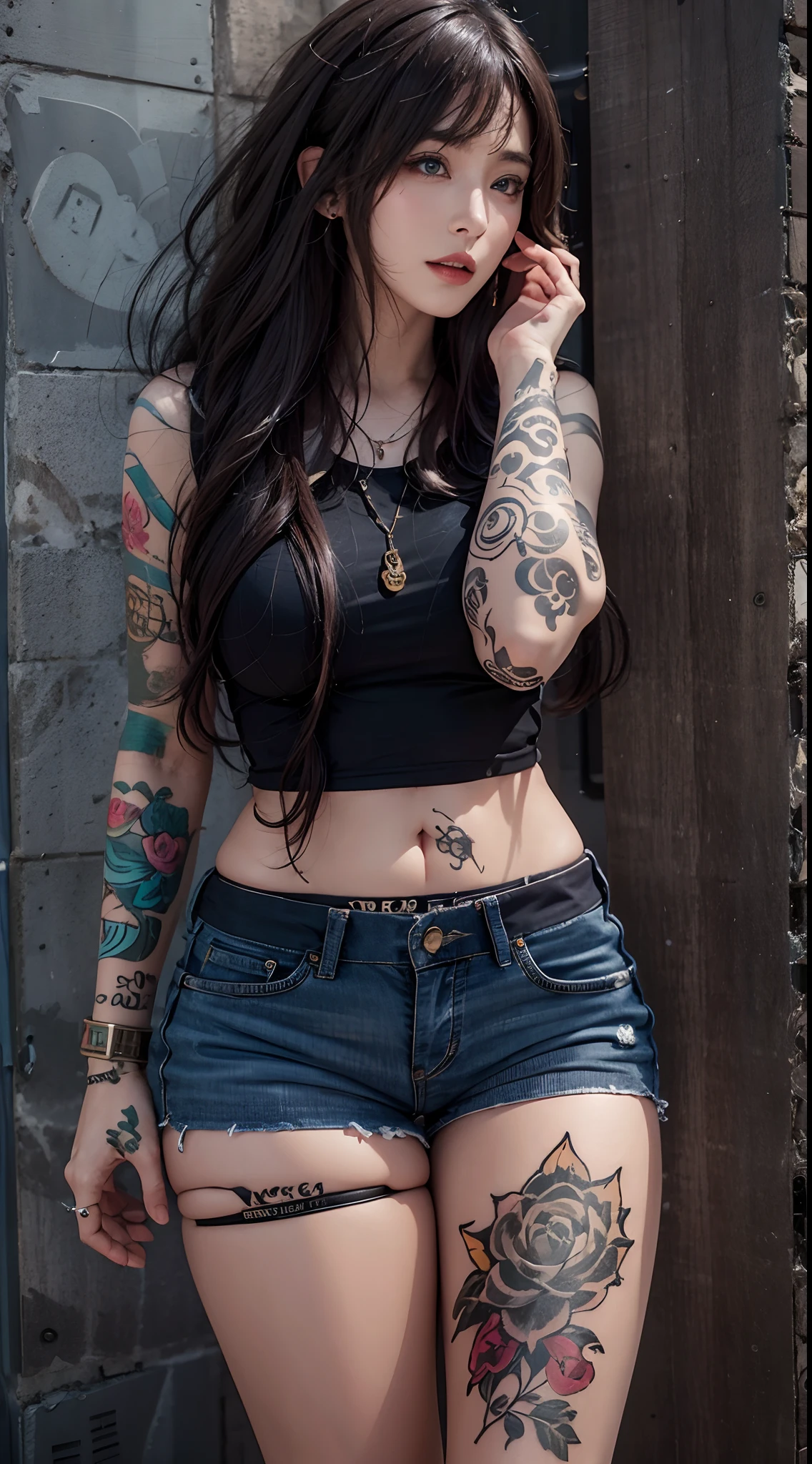photorealistic, high resolution, soft lights, 1women, 25 years old, solo, hips up, blue eyes, vlack hair, long hair, jewelry, tattoo, street wear