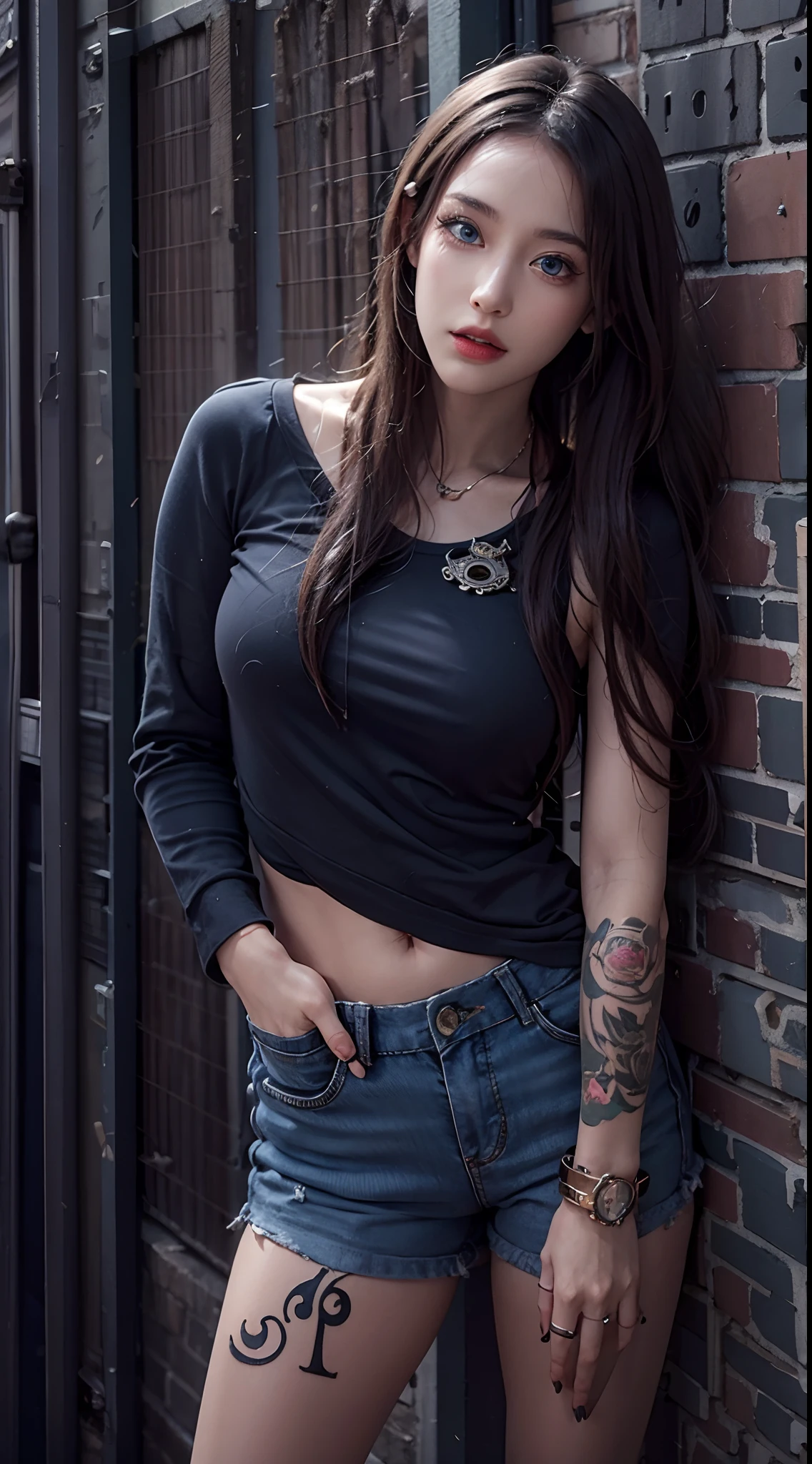 photorealistic, high resolution, soft lights, 1women, 25 years old, solo, hips up, blue eyes, vlack hair, long hair, jewelry, tattoo, street wear