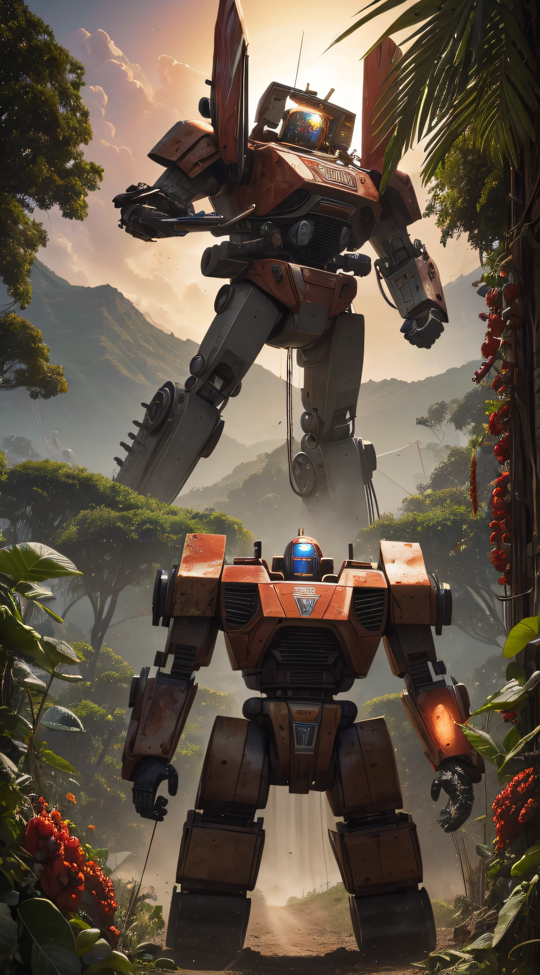 (extremadamente detallado, obra maestra, La mejor calidad, foto antigua, principios de siglo, VHS Aesthetics) Great retro robot with blood in robotic hands. Armas grandes, cannons on his back. motosierras. In the middle of a strange jungle. Vegetables from another dimension. Epic flowers far away, organic trees with meat. Luz noche.