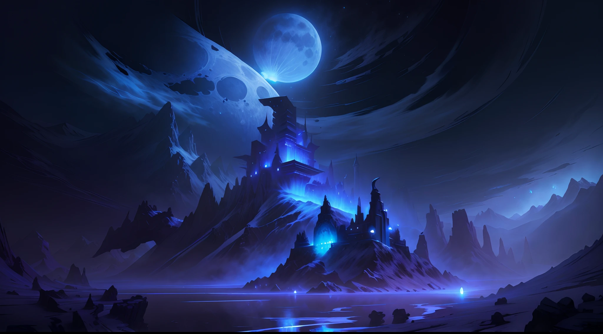 There is a full moon castle in the mountains, epic fantasy sci fi illustration, inspired by Andreas Rocha, andreas rocha style, Detailed digital 2D fantasy art, 4k highly detailed digital art, Digital 2D fantasy art, 4K fantasy art, in a castle on an alien planet, impressive fantasy landscape, background artwork